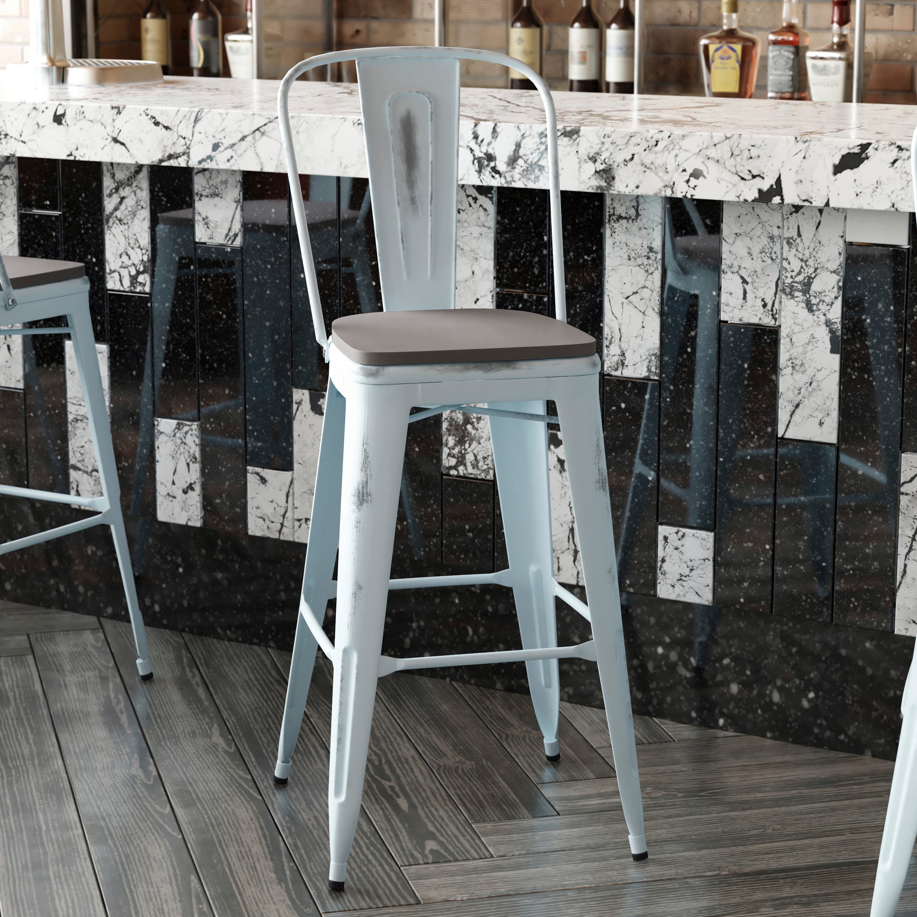Carly Commercial Grade 30" High Green-Blue Metal Indoor-Outdoor Barstool with Back with Gray Poly Resin Wood Seat