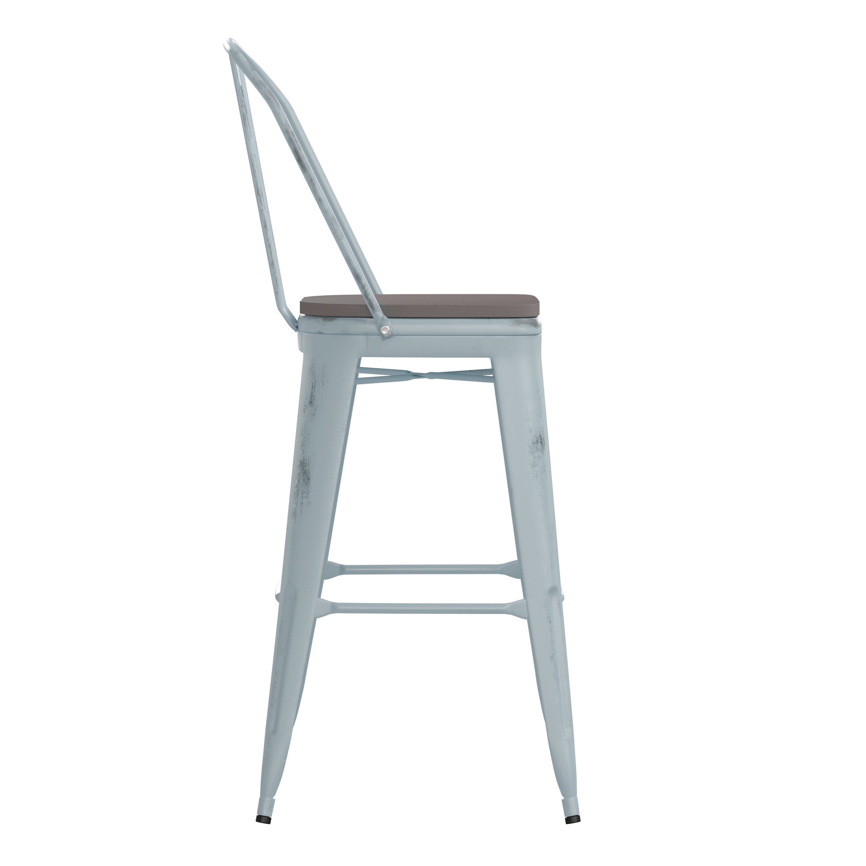 Carly Commercial Grade 30" High Green-Blue Metal Indoor-Outdoor Barstool with Back with Gray Poly Resin Wood Seat