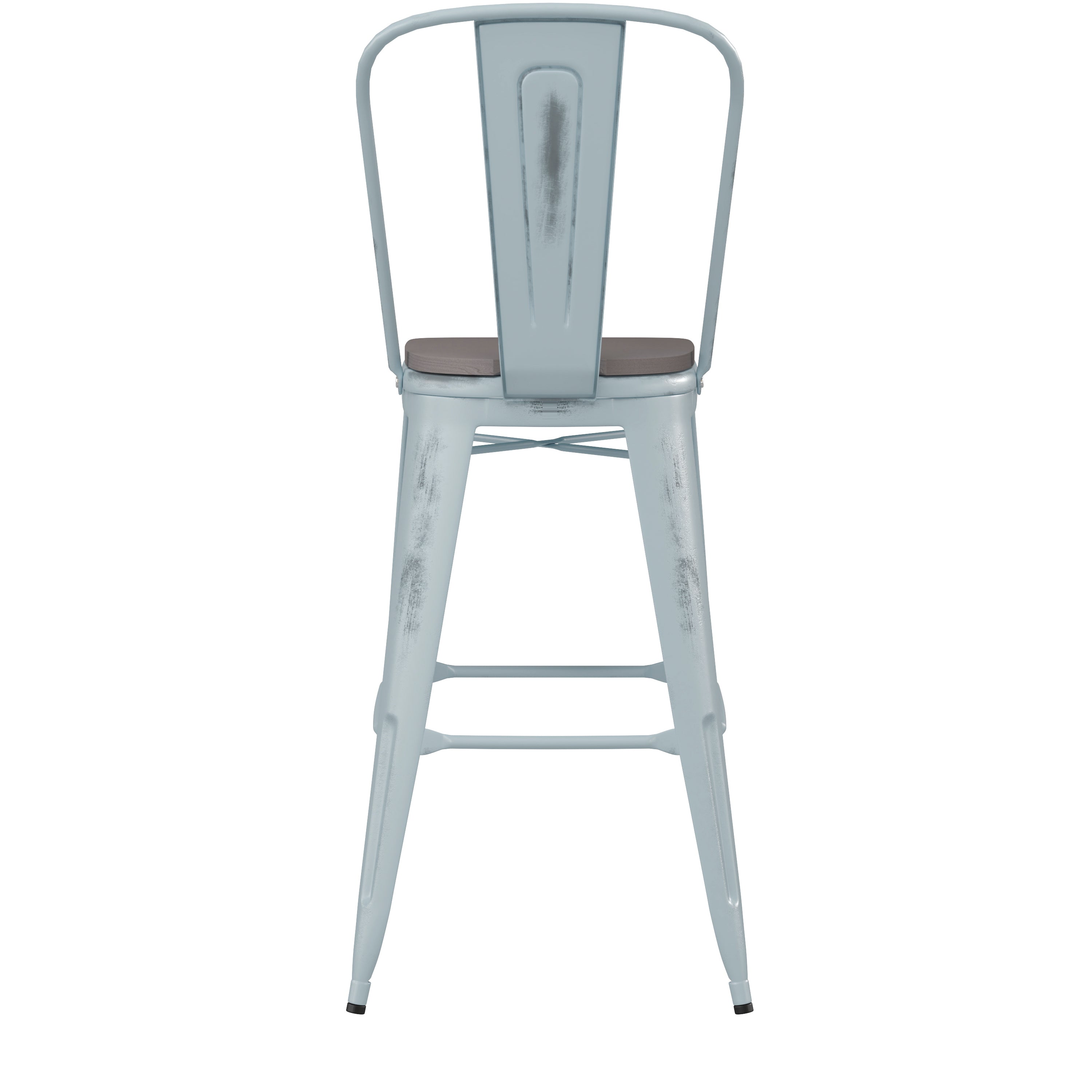 Carly Commercial Grade 30" High Green-Blue Metal Indoor-Outdoor Barstool with Back with Gray Poly Resin Wood Seat