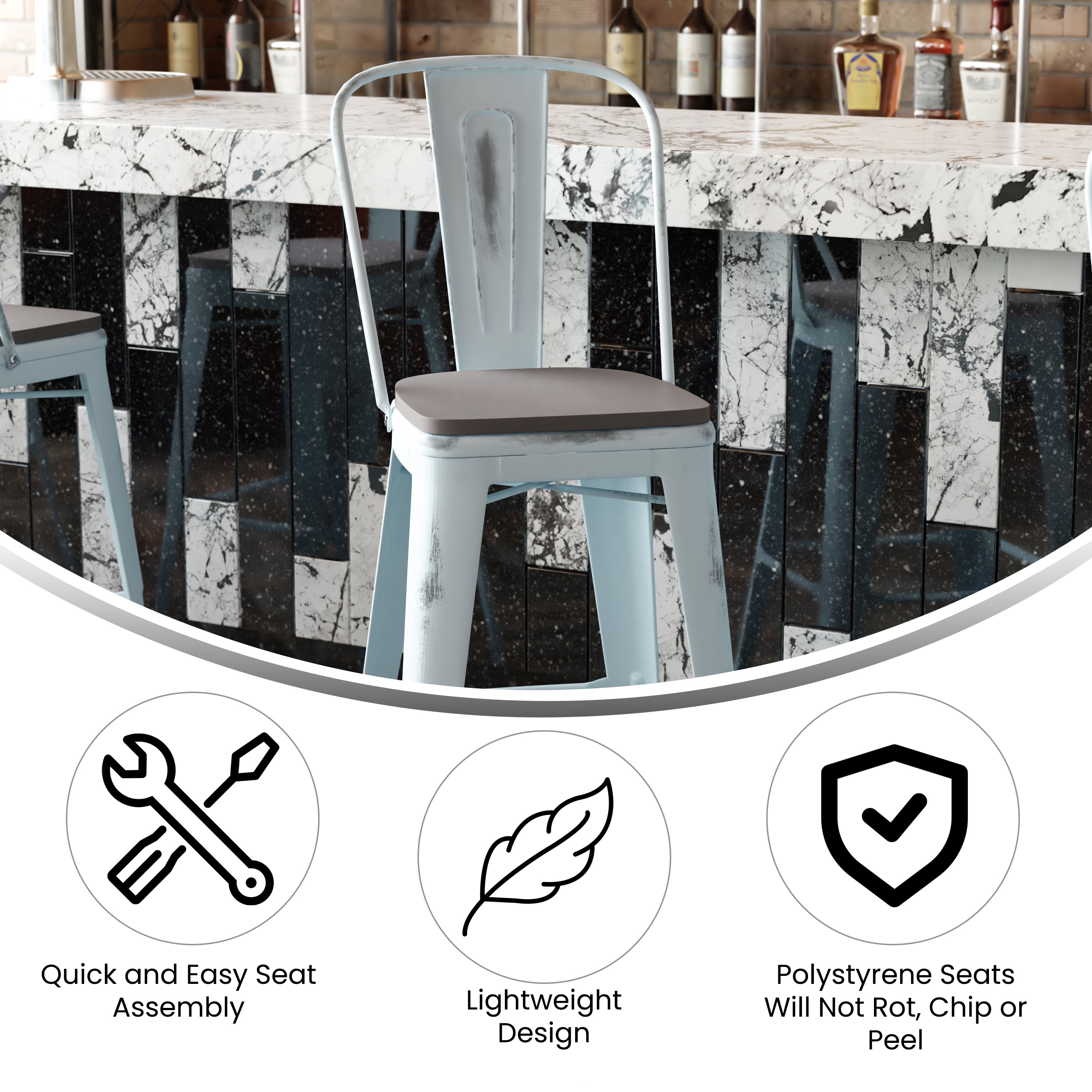Carly Commercial Grade 30" High Green-Blue Metal Indoor-Outdoor Barstool with Back with Gray Poly Resin Wood Seat
