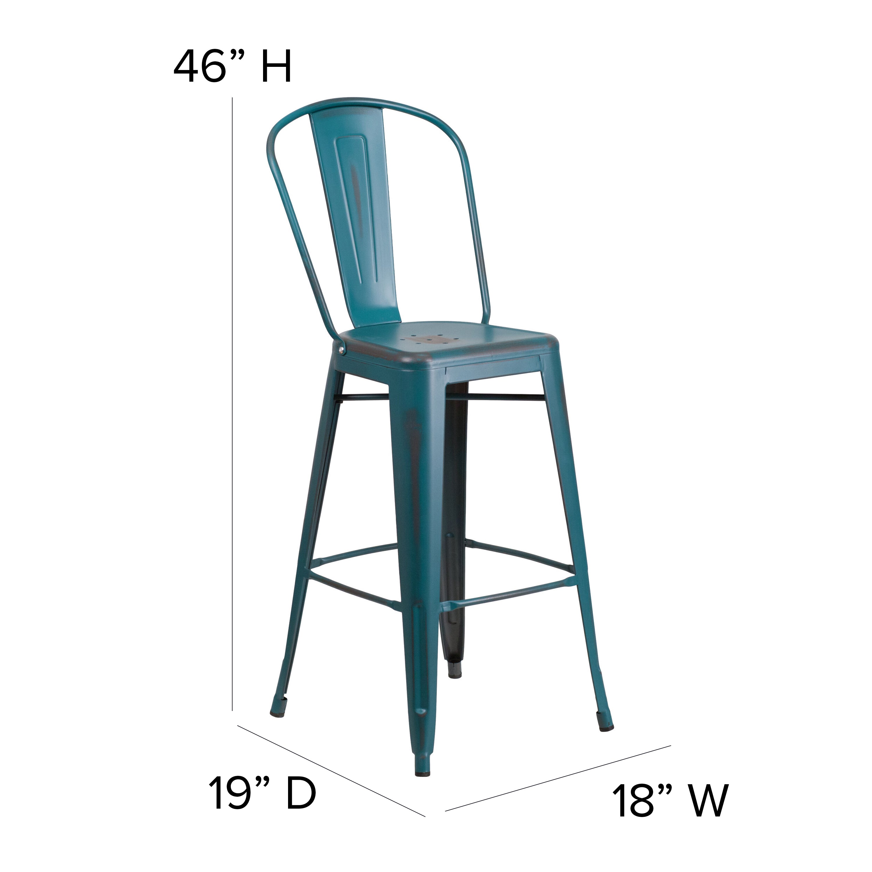 Cindy Commercial Grade 30" High Distressed Kelly Blue-Teal Metal Indoor-Outdoor Barstool with Back
