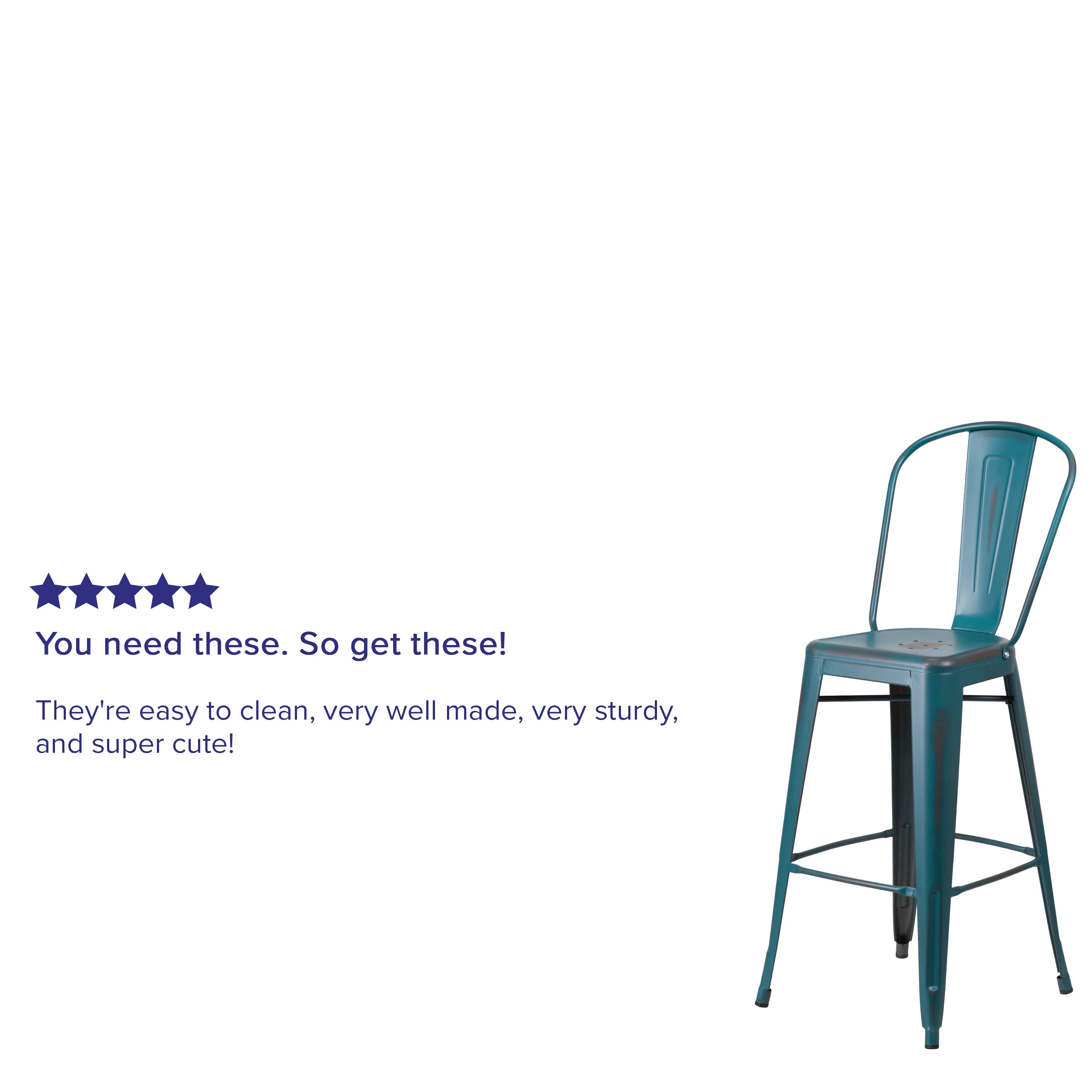 Cindy Commercial Grade 30" High Distressed Kelly Blue-Teal Metal Indoor-Outdoor Barstool with Back