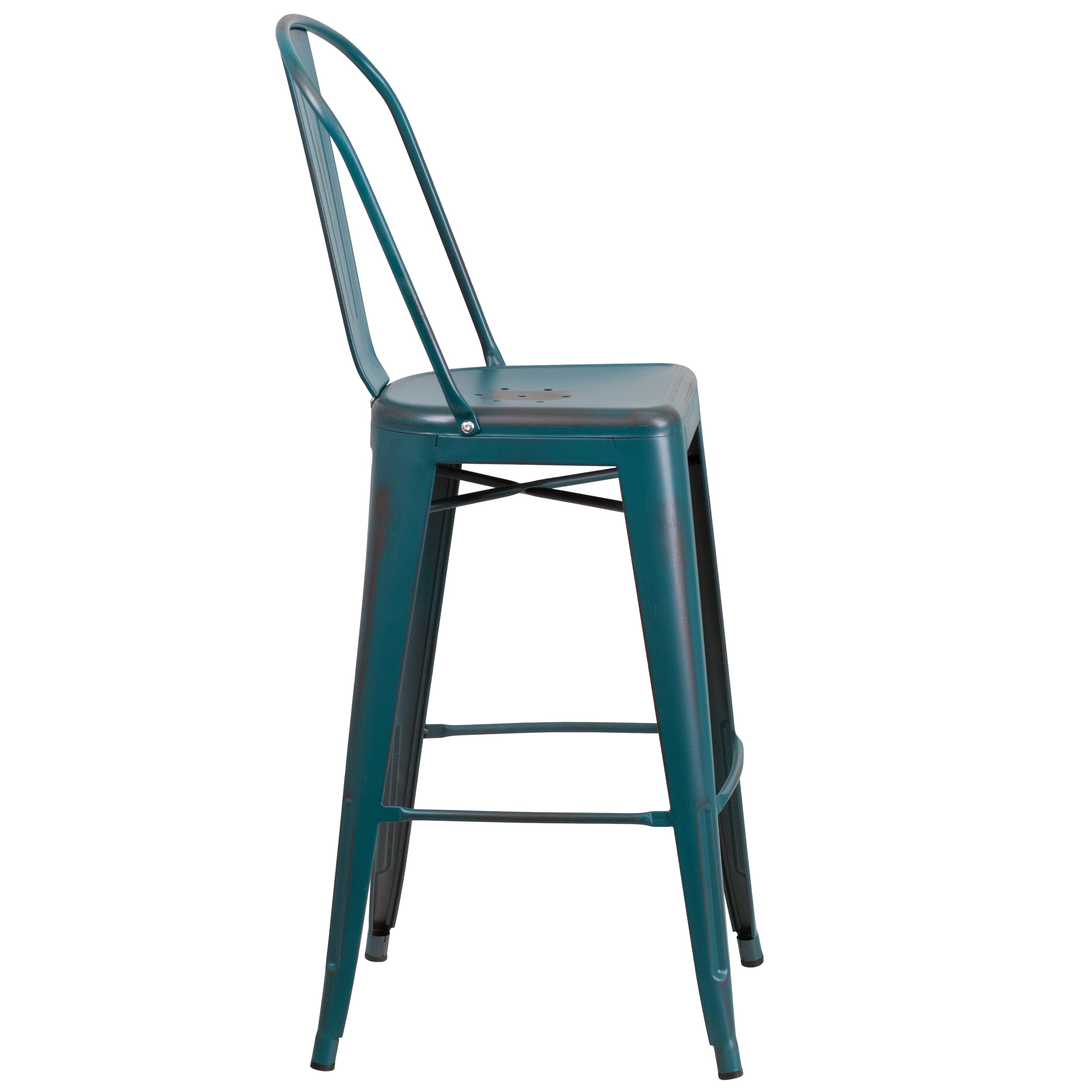 Cindy Commercial Grade 30" High Distressed Kelly Blue-Teal Metal Indoor-Outdoor Barstool with Back