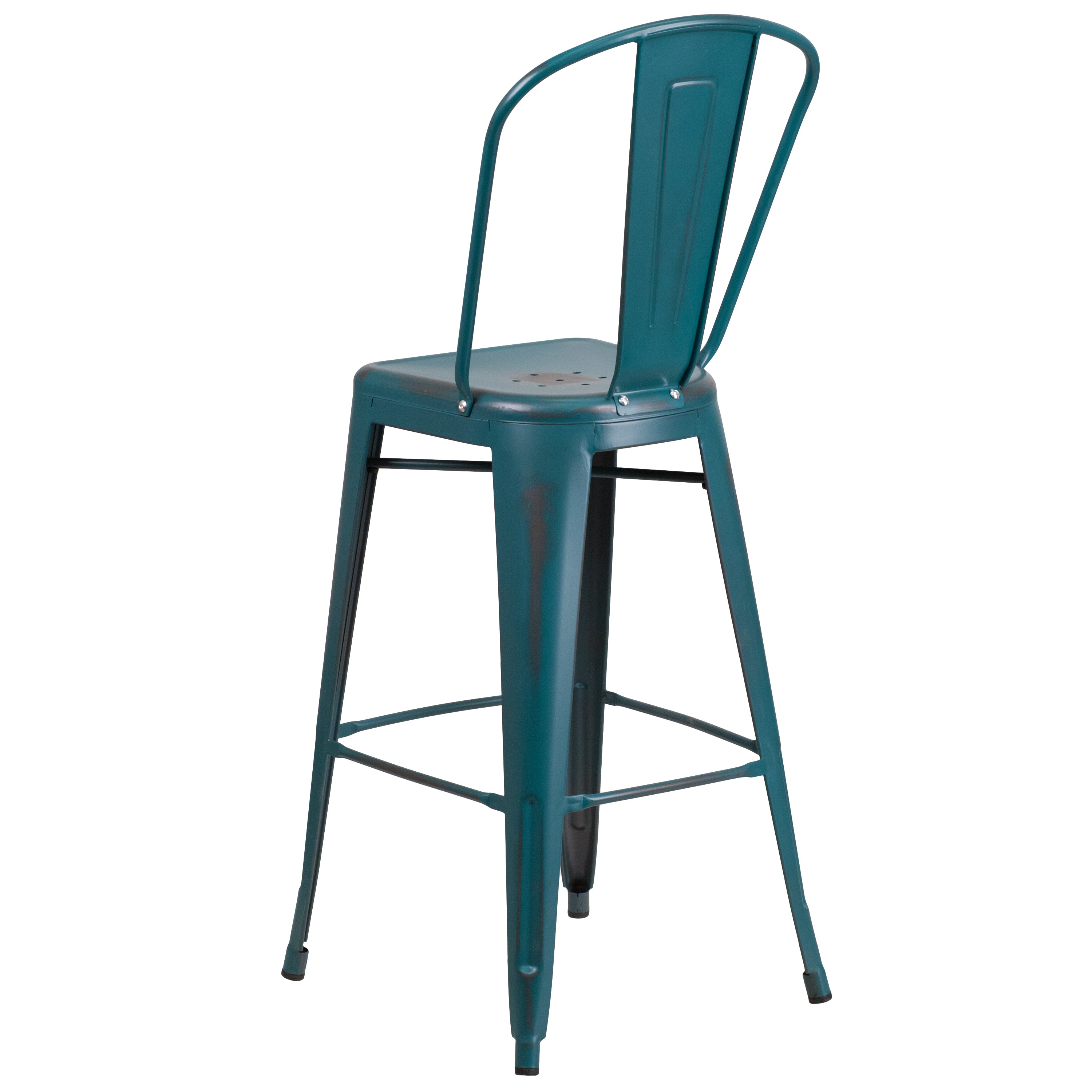 Cindy Commercial Grade 30" High Distressed Kelly Blue-Teal Metal Indoor-Outdoor Barstool with Back
