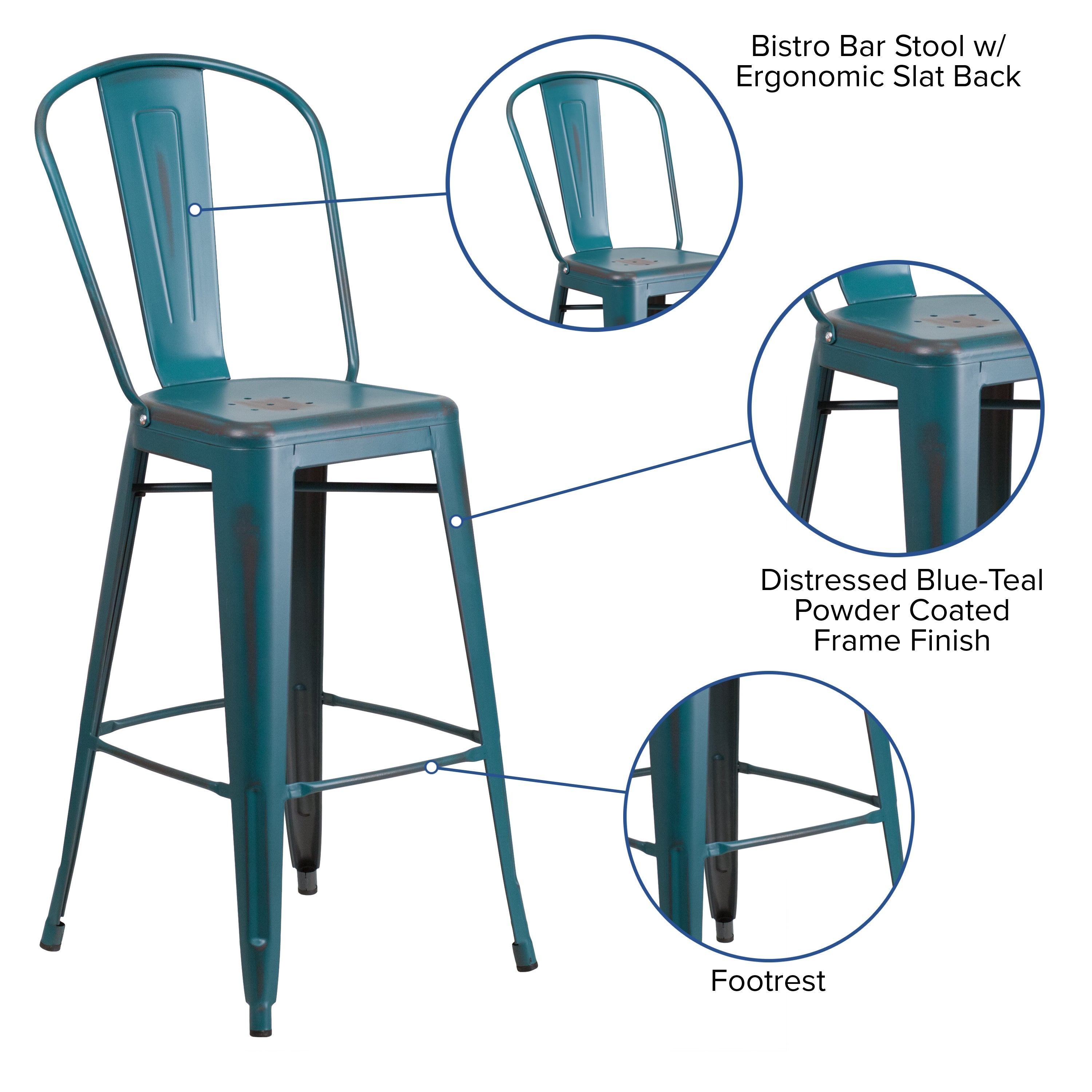 Cindy Commercial Grade 30" High Distressed Kelly Blue-Teal Metal Indoor-Outdoor Barstool with Back