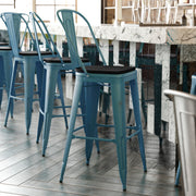 Carly Commercial Grade 30" High Kelly Blue-Teal Metal Indoor-Outdoor Barstool with Back with Black Poly Resin Wood Seat