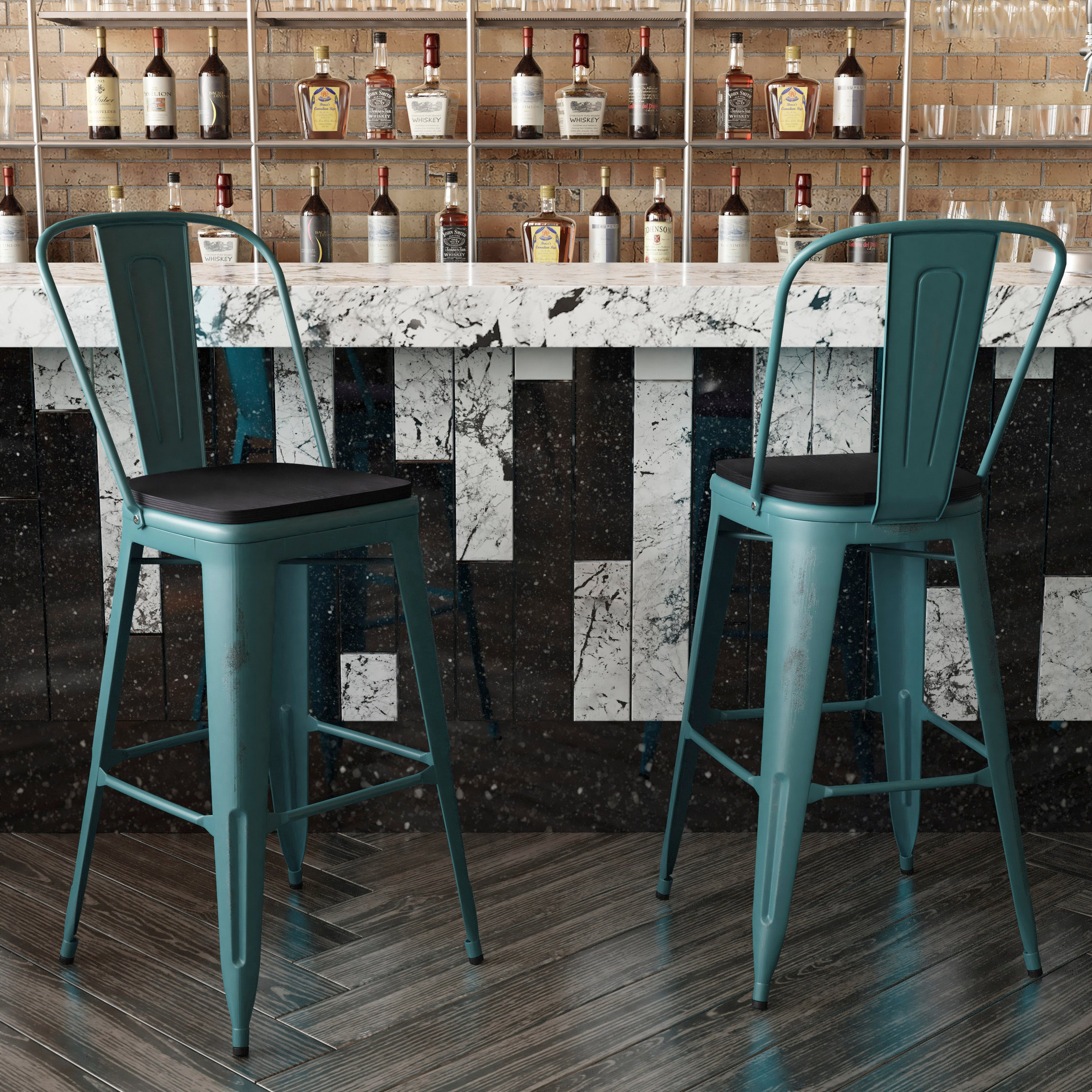 Carly Commercial Grade 30" High Kelly Blue-Teal Metal Indoor-Outdoor Barstool with Back with Black Poly Resin Wood Seat