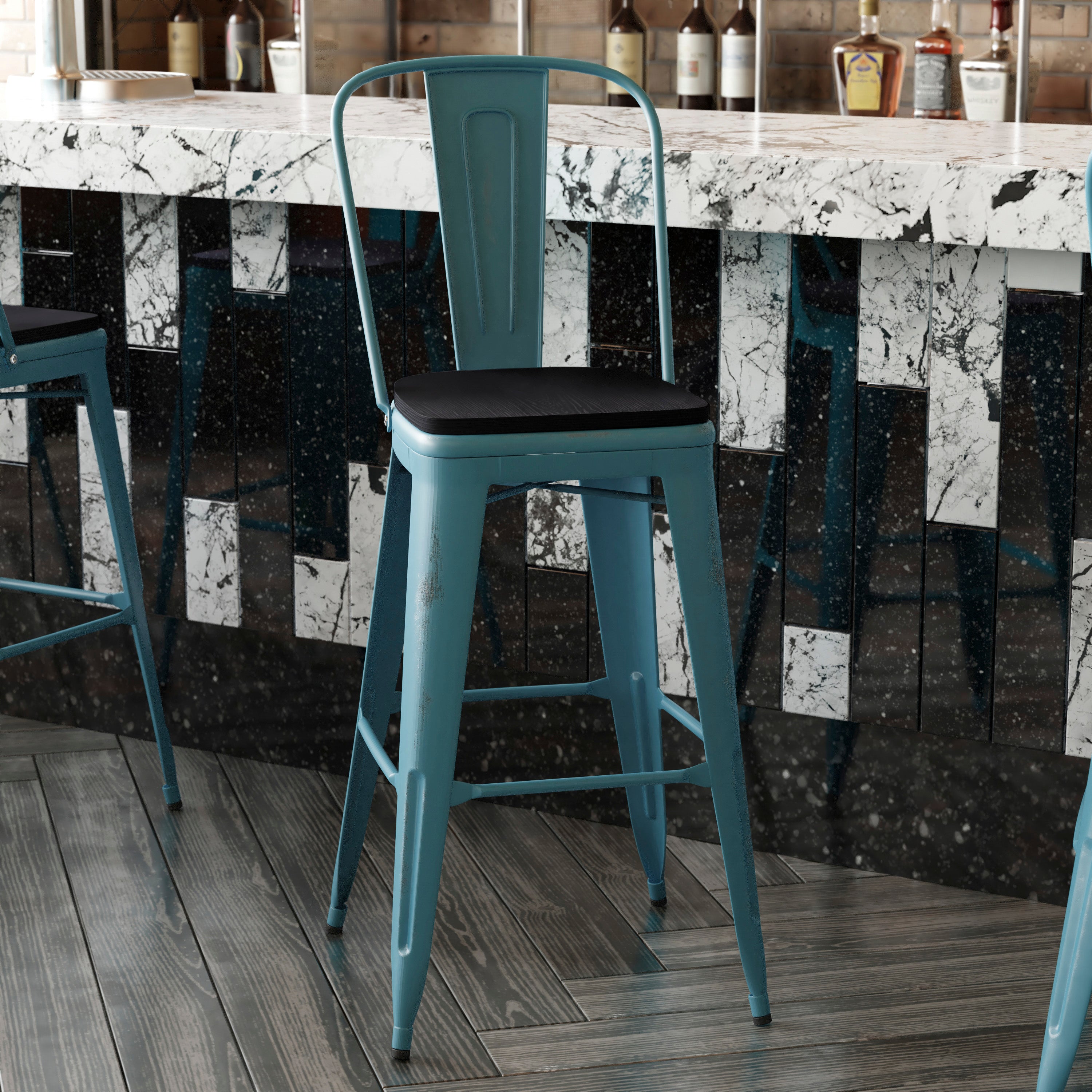Carly Commercial Grade 30" High Kelly Blue-Teal Metal Indoor-Outdoor Barstool with Back with Black Poly Resin Wood Seat
