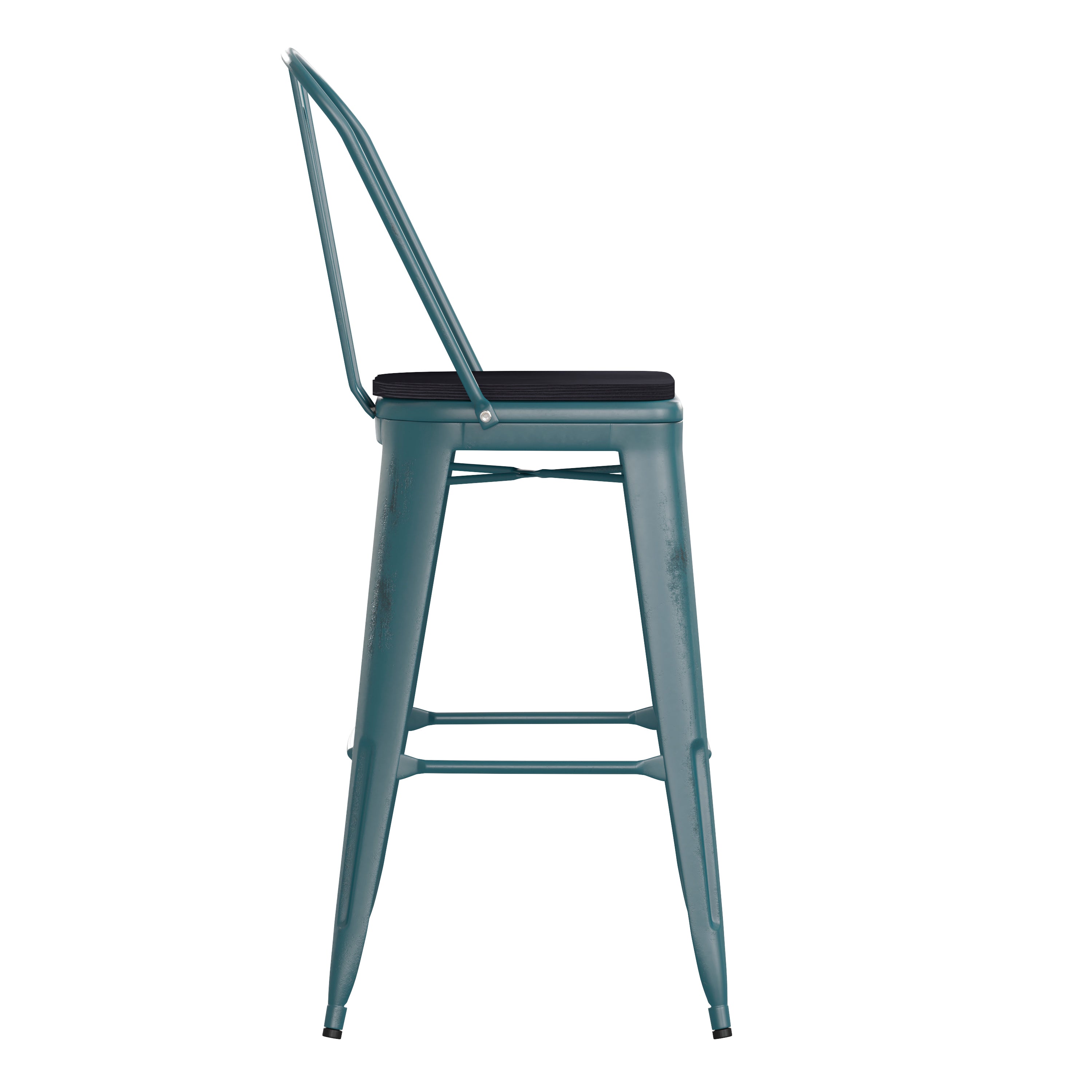 Carly Commercial Grade 30" High Kelly Blue-Teal Metal Indoor-Outdoor Barstool with Back with Black Poly Resin Wood Seat