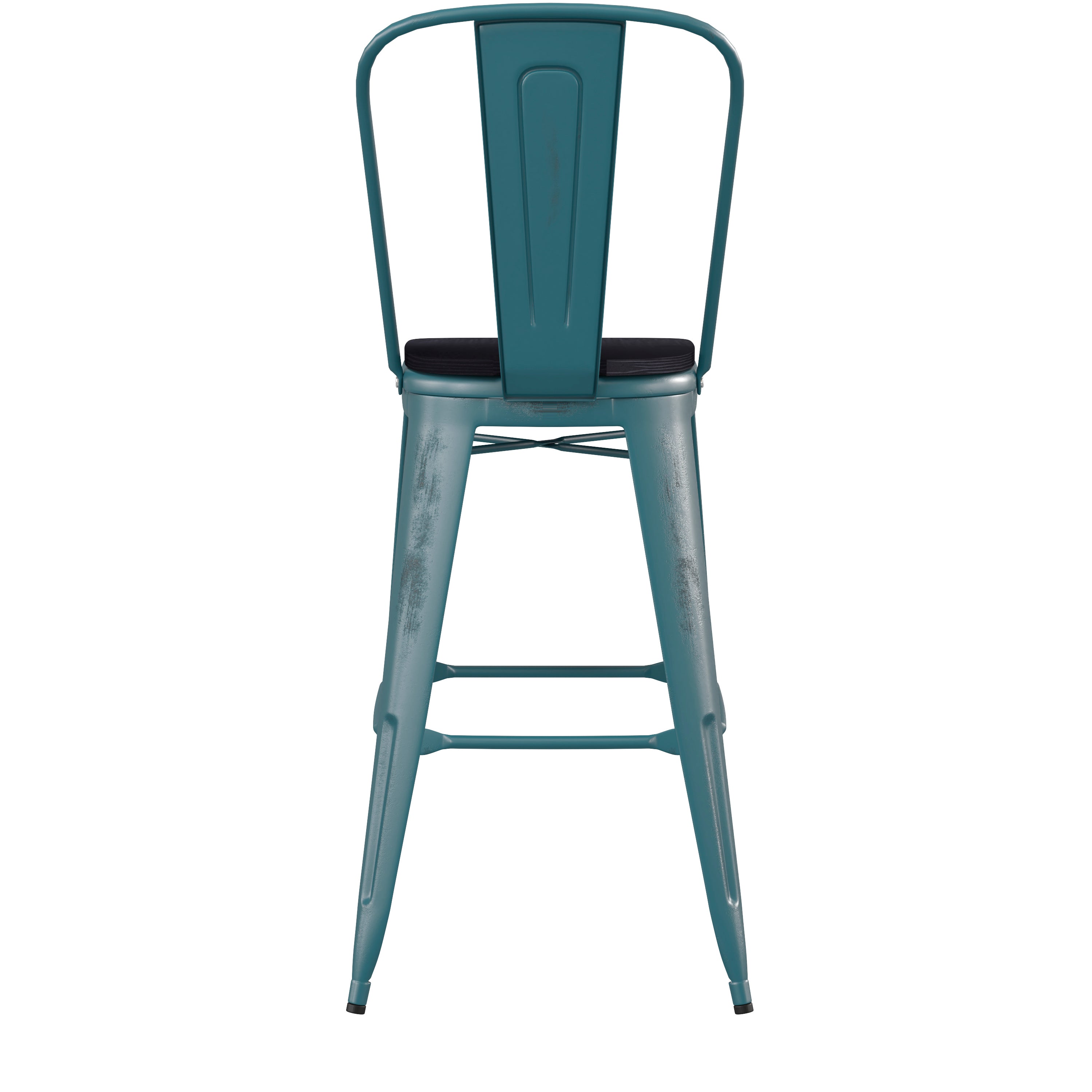 Carly Commercial Grade 30" High Kelly Blue-Teal Metal Indoor-Outdoor Barstool with Back with Black Poly Resin Wood Seat