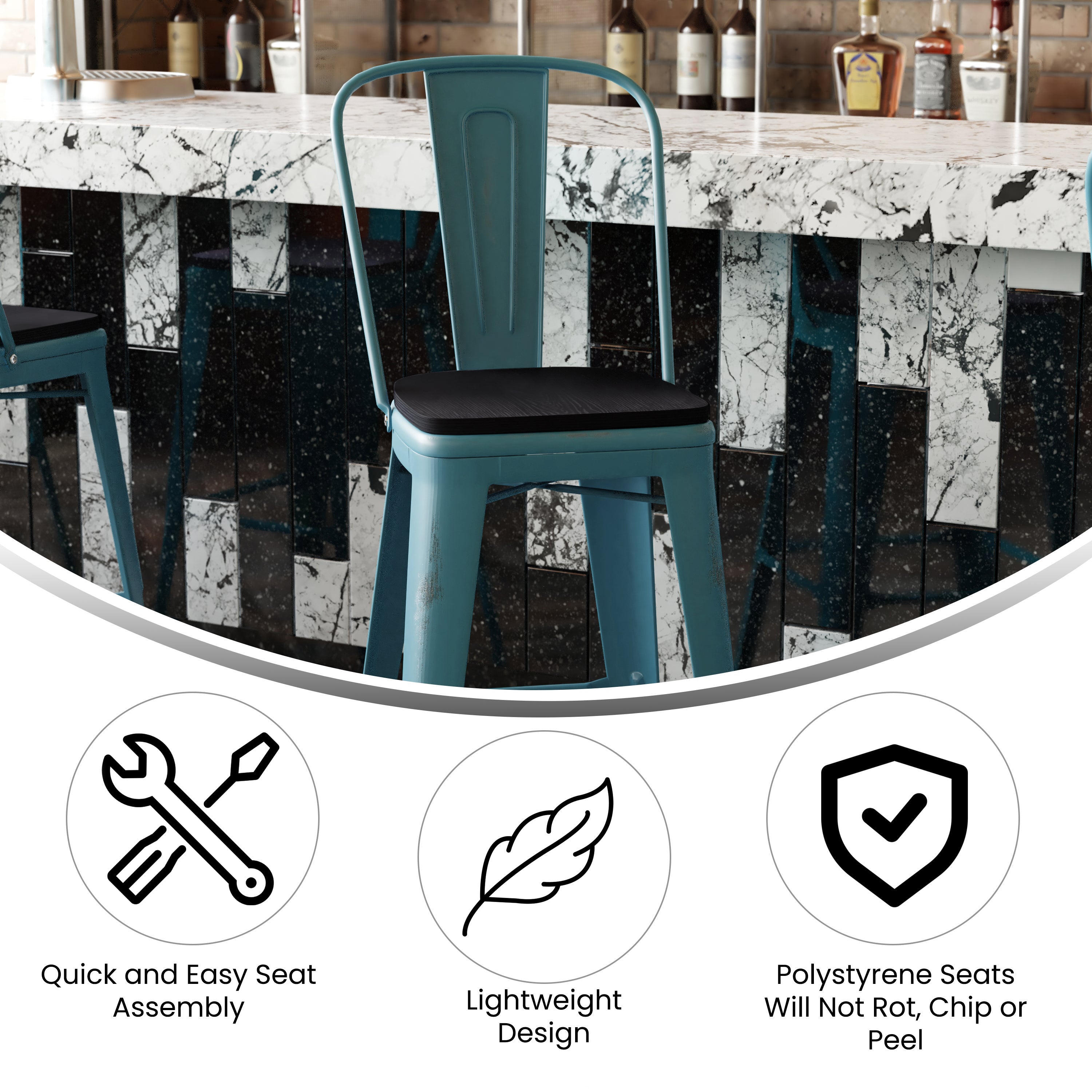 Carly Commercial Grade 30" High Kelly Blue-Teal Metal Indoor-Outdoor Barstool with Back with Black Poly Resin Wood Seat