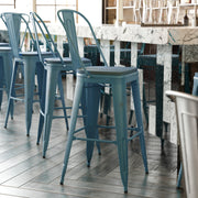 Carly Commercial Grade 30" High Kelly Blue-Teal Metal Indoor-Outdoor Barstool with Back with Teal-Blue Poly Resin Wood Seat