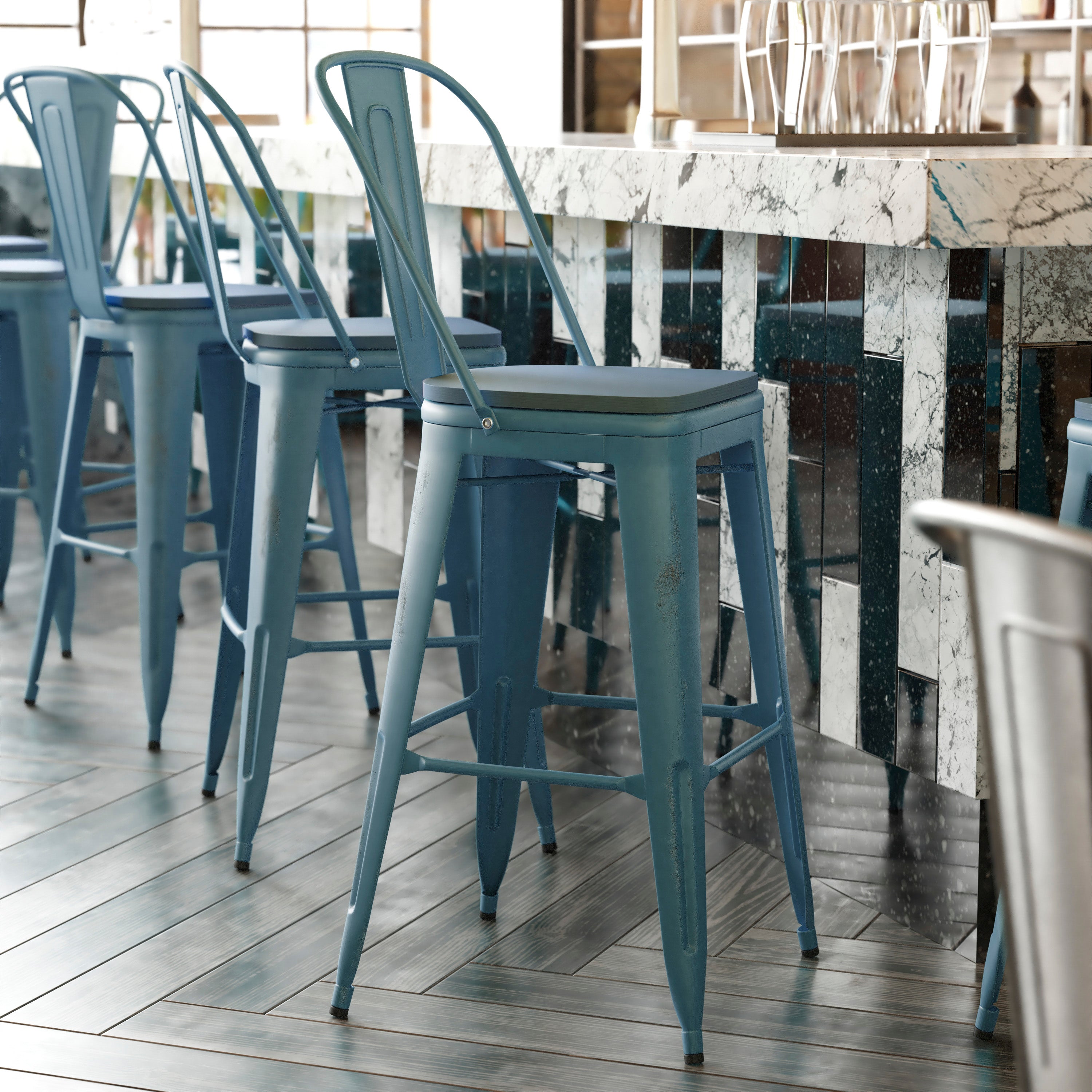 Carly Commercial Grade 30" High Kelly Blue-Teal Metal Indoor-Outdoor Barstool with Back with Teal-Blue Poly Resin Wood Seat