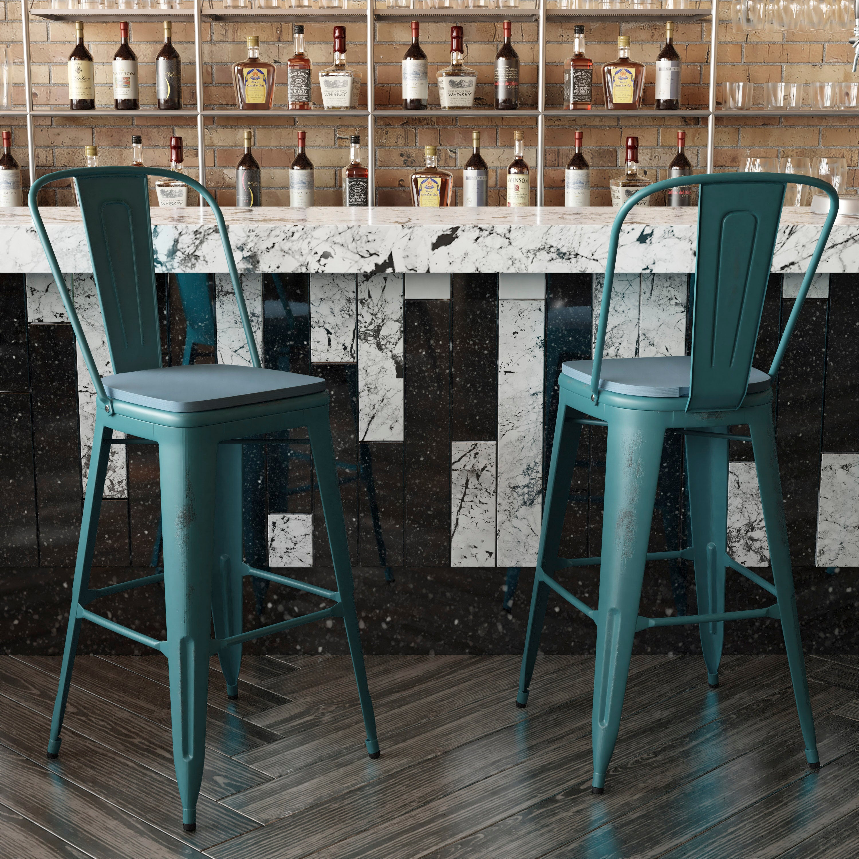 Carly Commercial Grade 30" High Kelly Blue-Teal Metal Indoor-Outdoor Barstool with Back with Teal-Blue Poly Resin Wood Seat