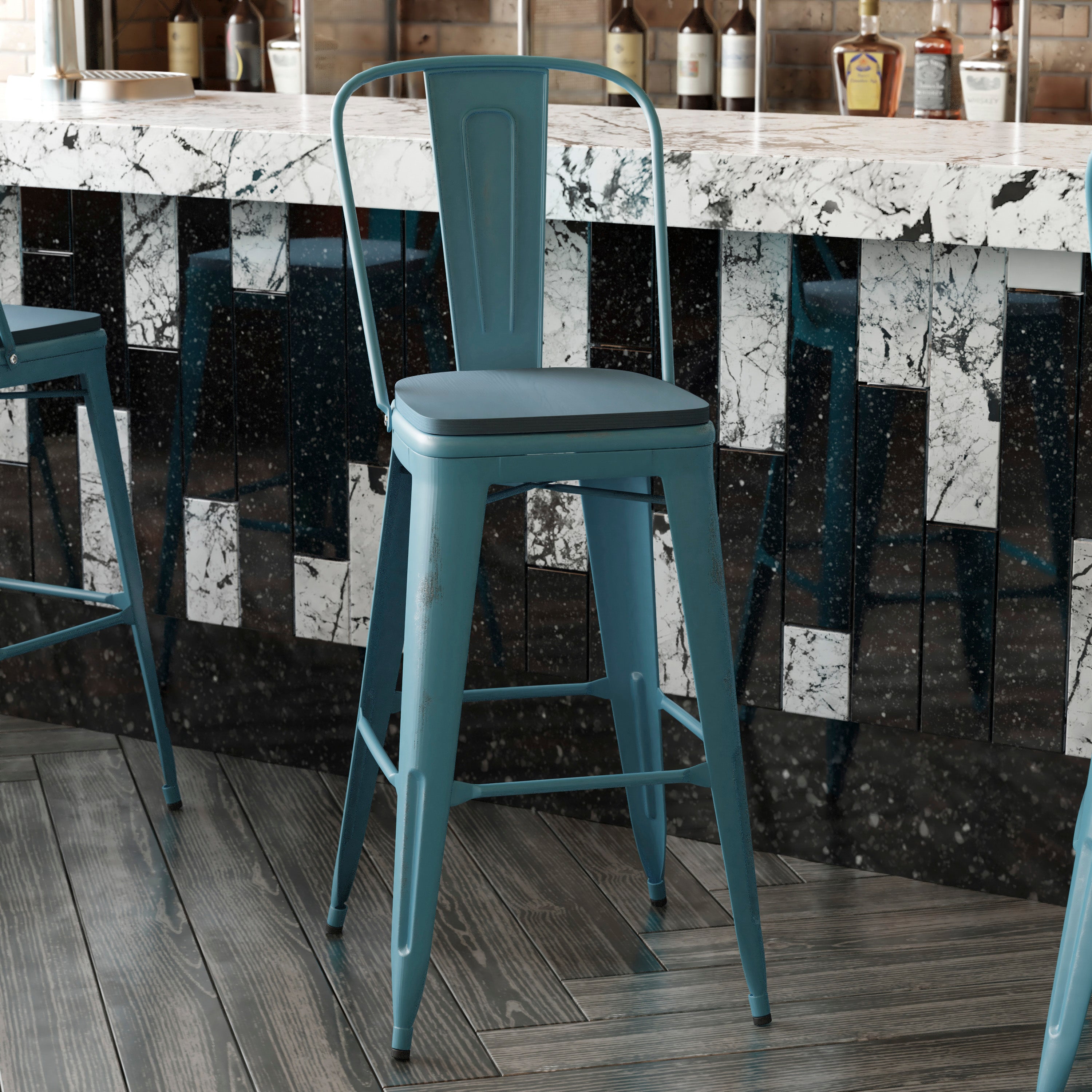 Carly Commercial Grade 30" High Kelly Blue-Teal Metal Indoor-Outdoor Barstool with Back with Teal-Blue Poly Resin Wood Seat