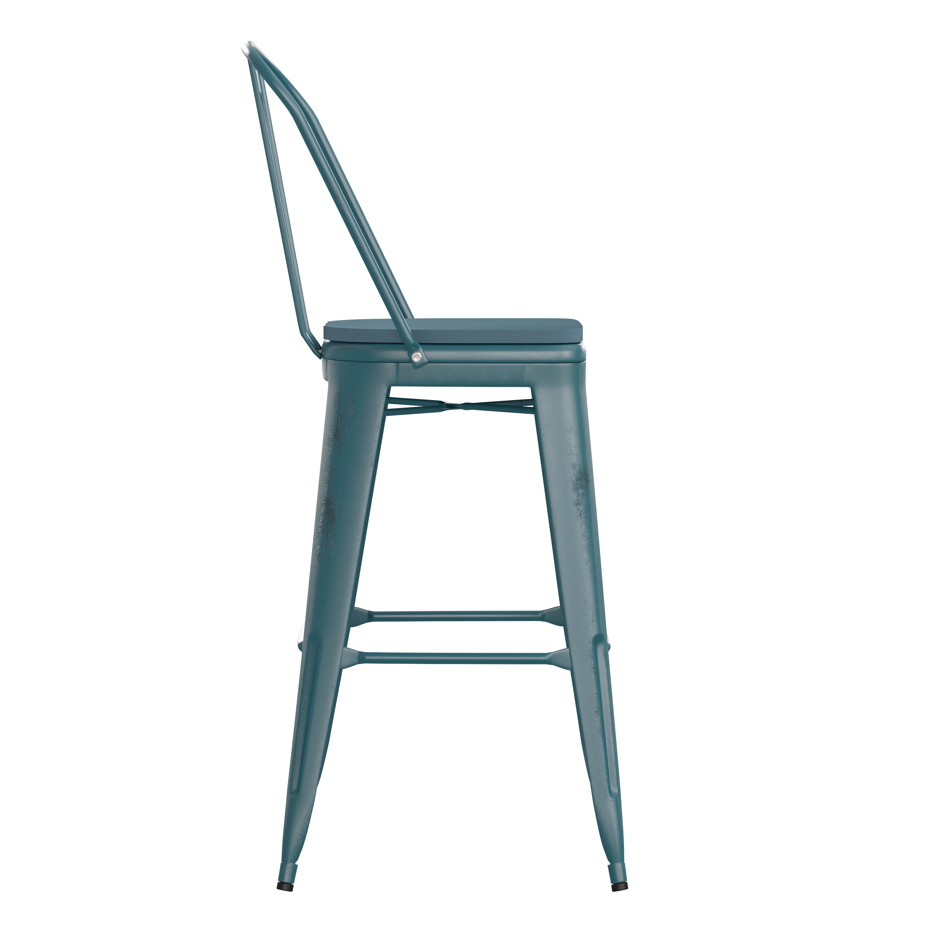 Carly Commercial Grade 30" High Kelly Blue-Teal Metal Indoor-Outdoor Barstool with Back with Teal-Blue Poly Resin Wood Seat
