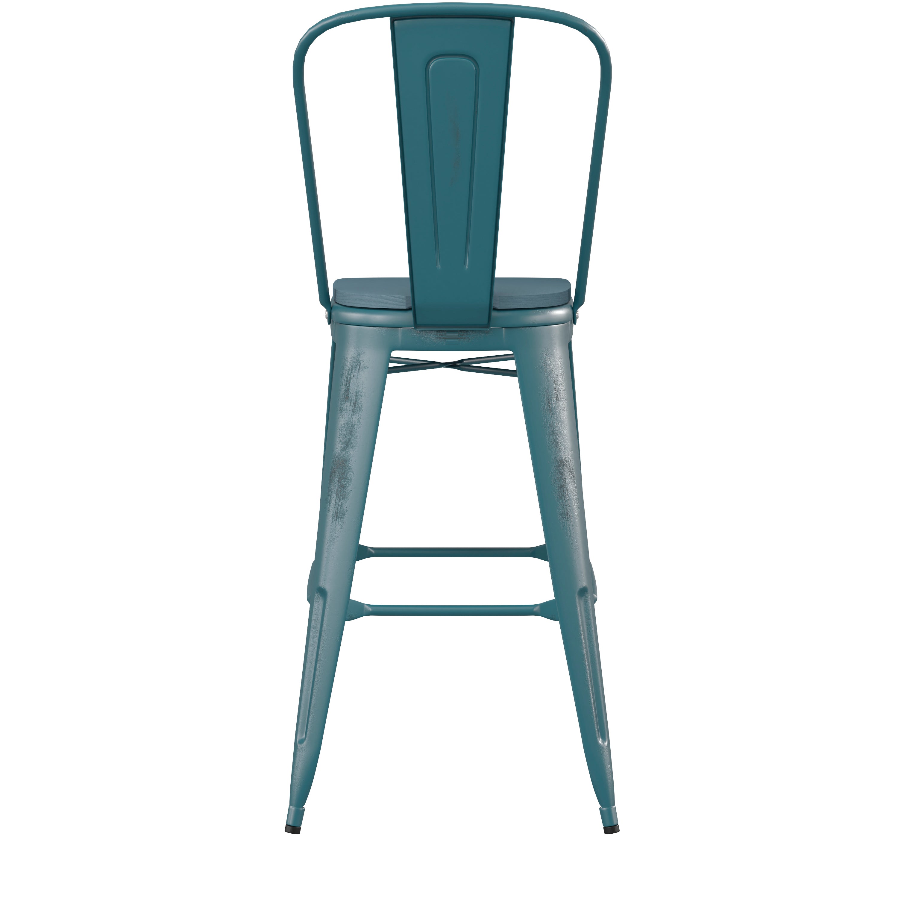 Carly Commercial Grade 30" High Kelly Blue-Teal Metal Indoor-Outdoor Barstool with Back with Teal-Blue Poly Resin Wood Seat