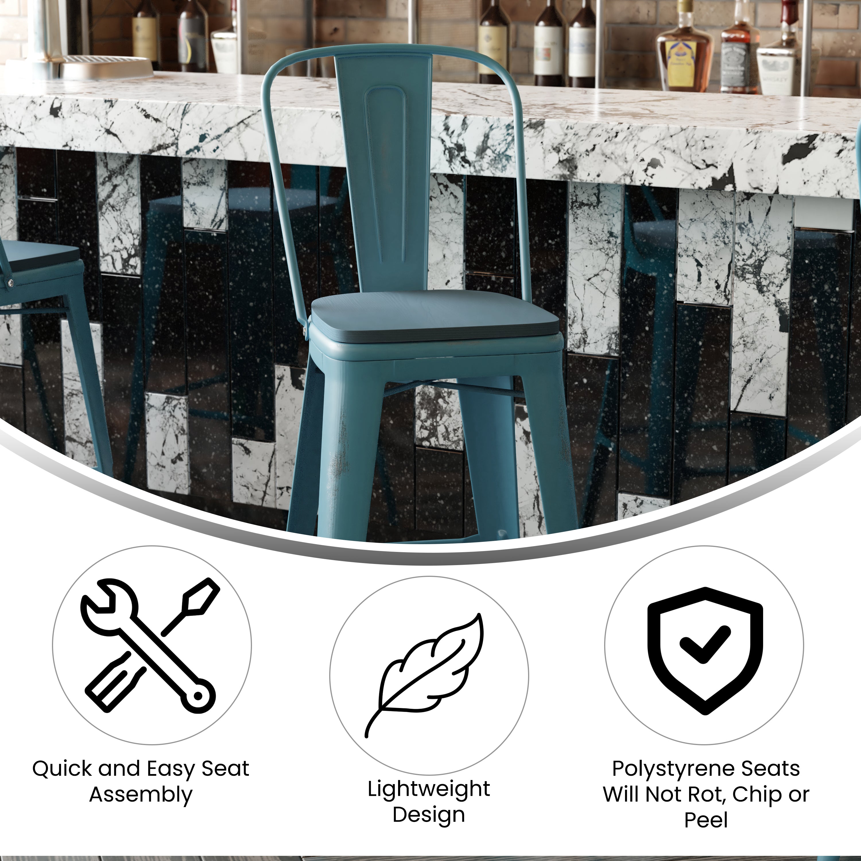 Carly Commercial Grade 30" High Kelly Blue-Teal Metal Indoor-Outdoor Barstool with Back with Teal-Blue Poly Resin Wood Seat