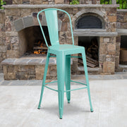 Cindy Commercial Grade 30" High Mint Green Metal Indoor-Outdoor Barstool with Back