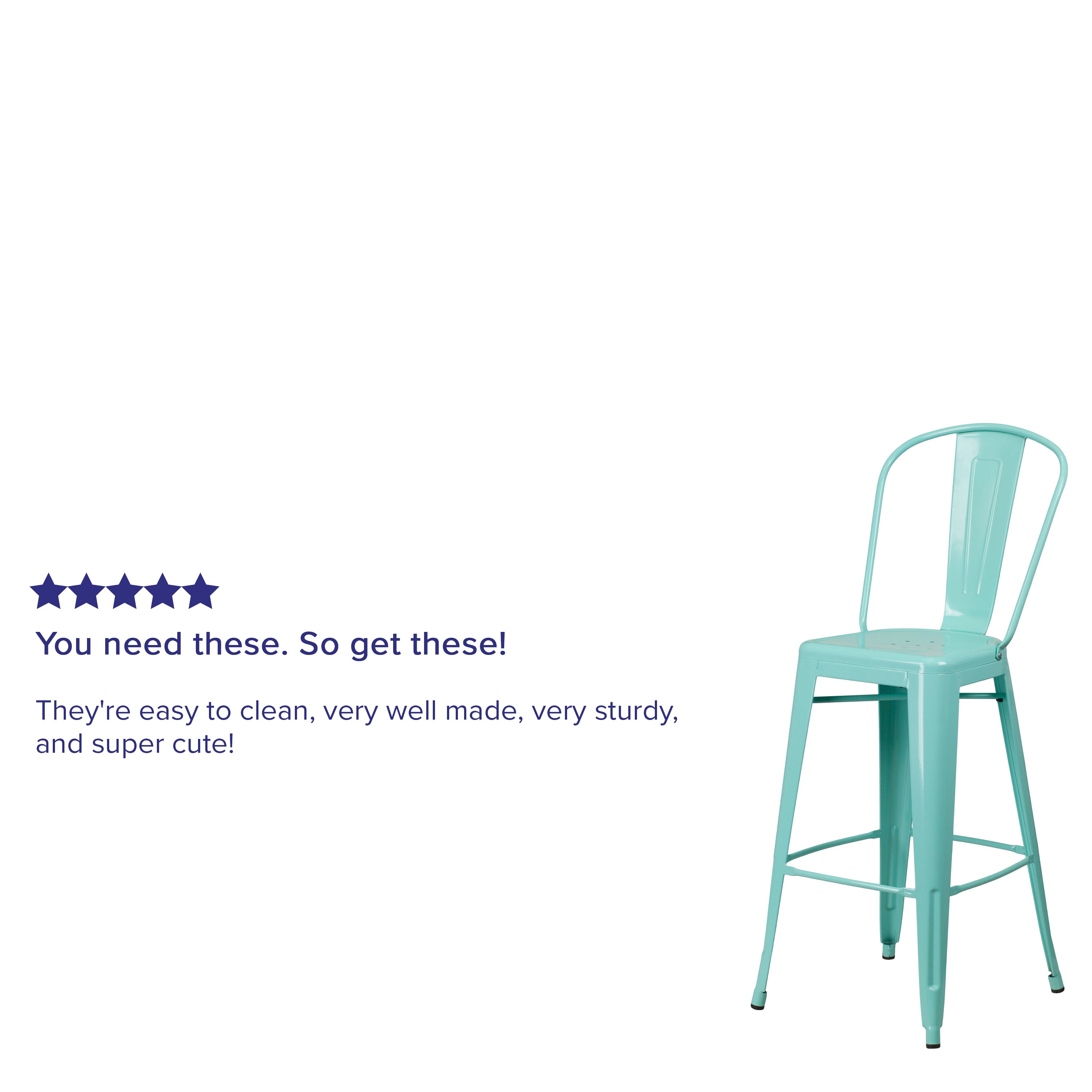 Cindy Commercial Grade 30" High Mint Green Metal Indoor-Outdoor Barstool with Back