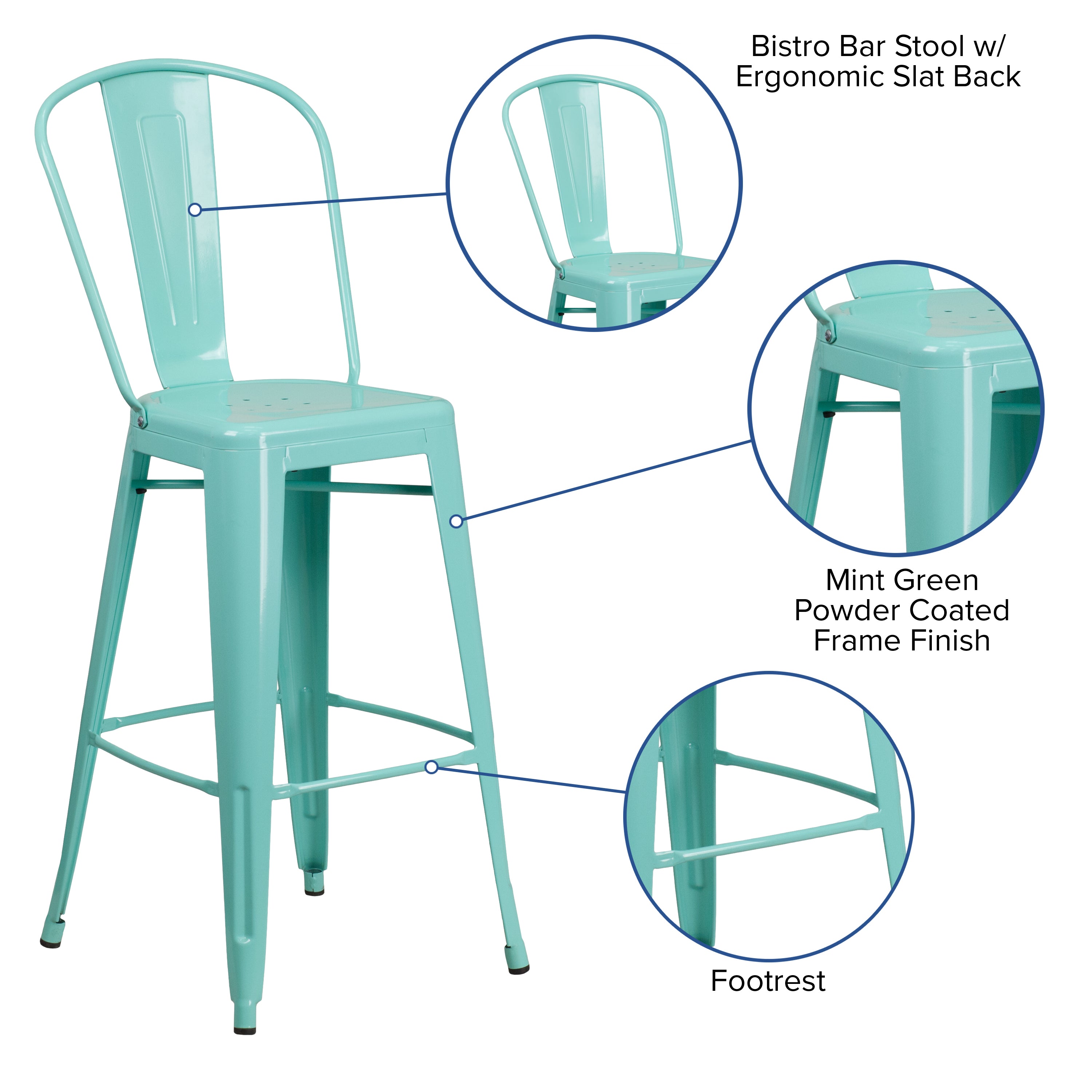 Cindy Commercial Grade 30" High Mint Green Metal Indoor-Outdoor Barstool with Back