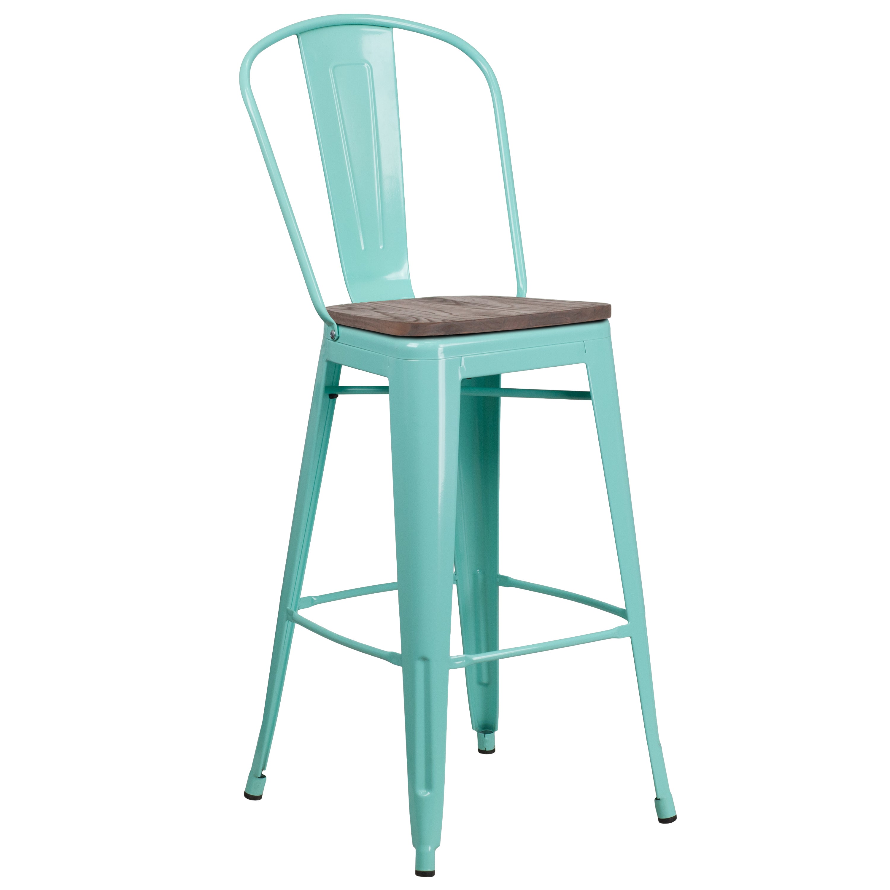 Cindy 30" High Mint Green Metal Barstool with Back and Wood Seat