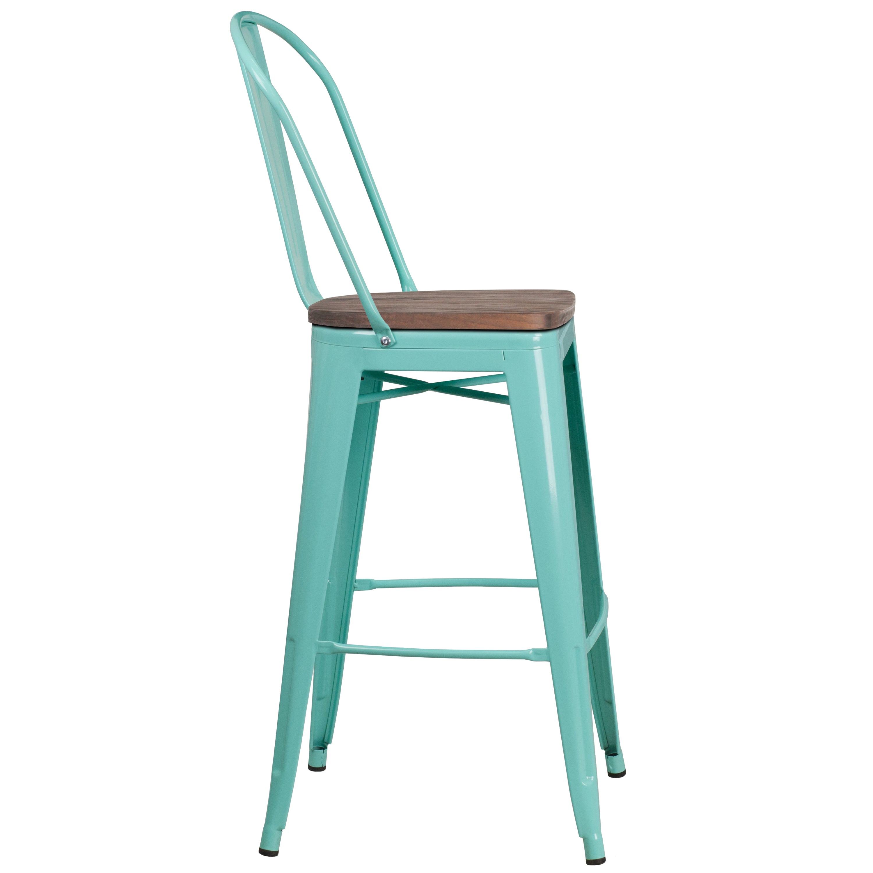 Cindy 30" High Mint Green Metal Barstool with Back and Wood Seat