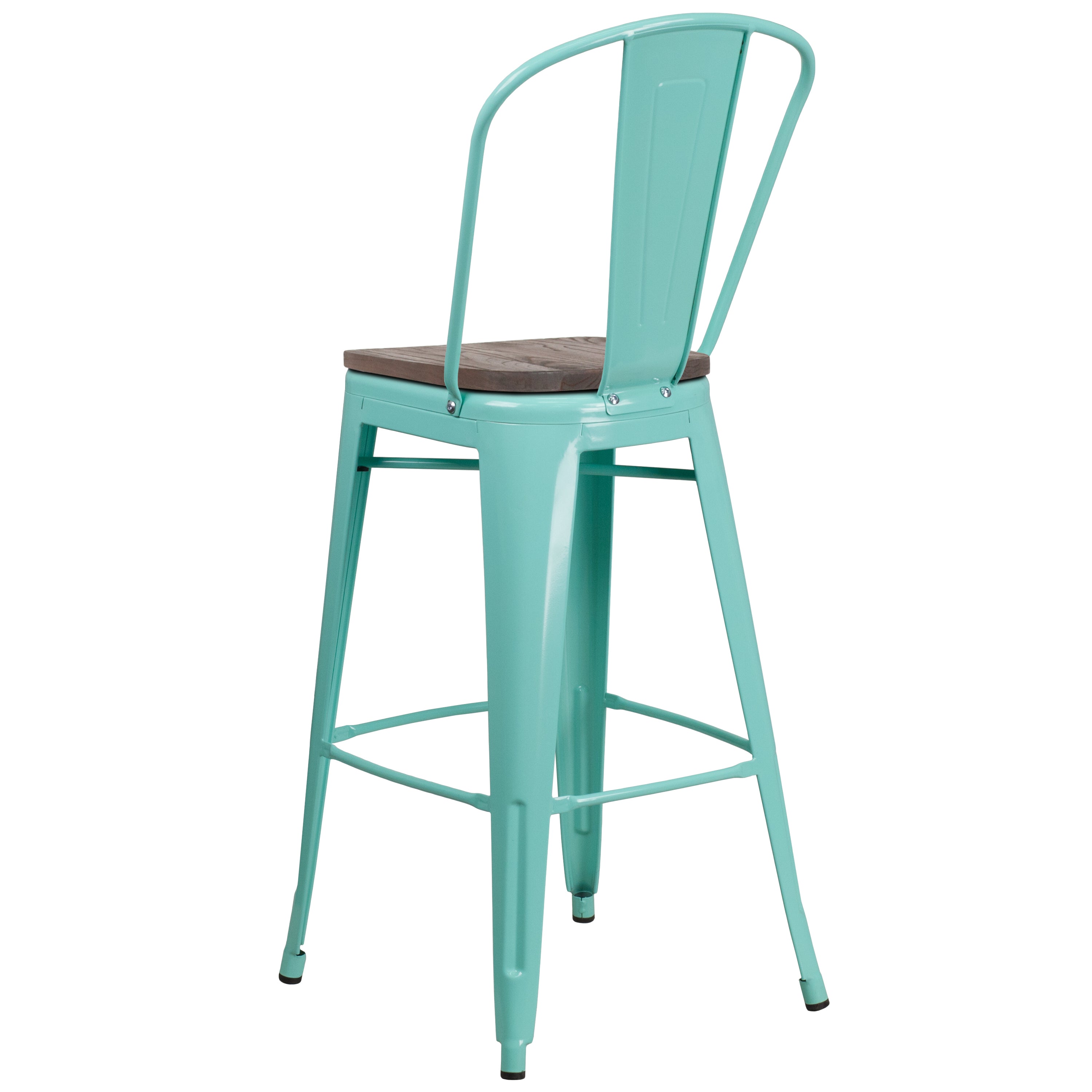 Cindy 30" High Mint Green Metal Barstool with Back and Wood Seat