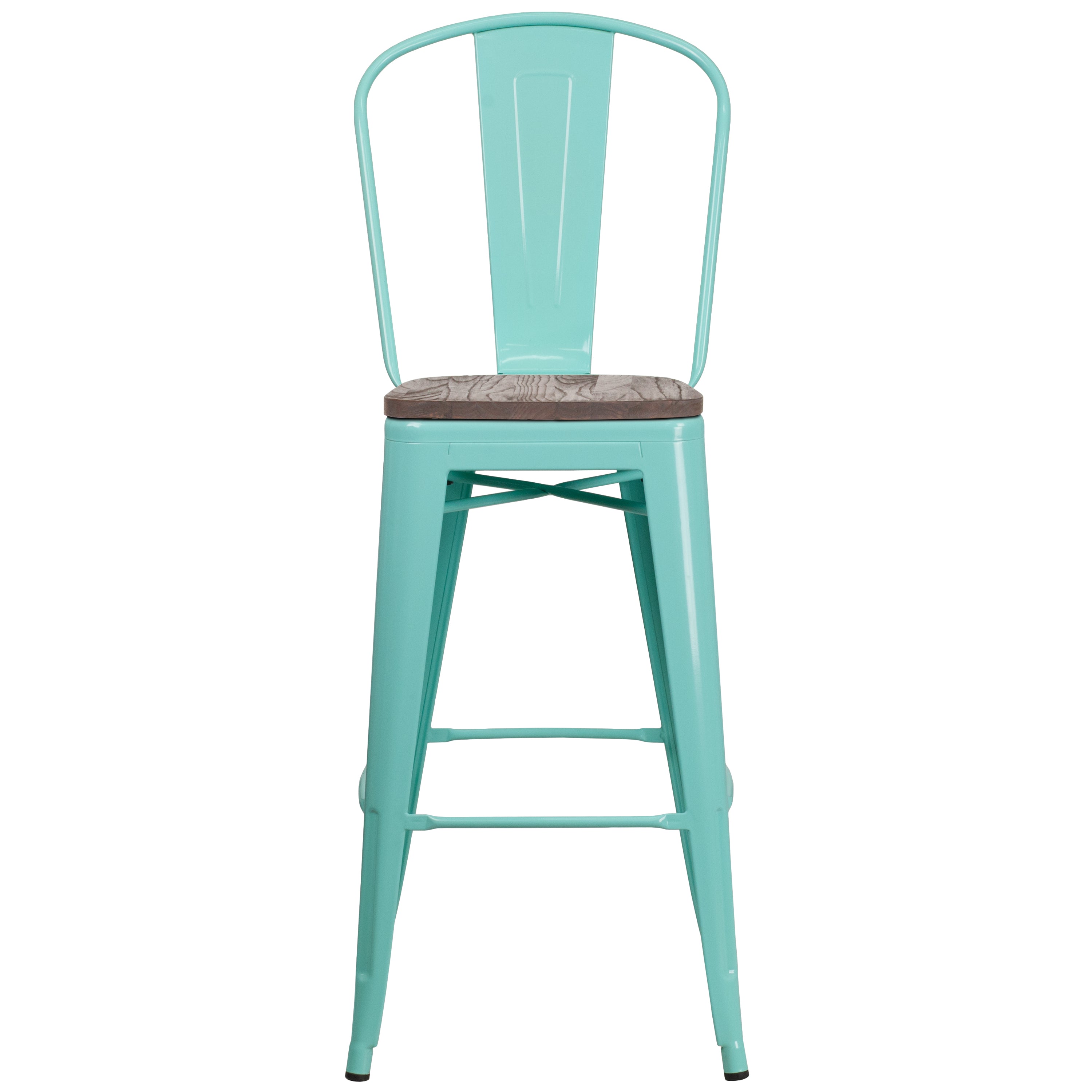 Cindy 30" High Mint Green Metal Barstool with Back and Wood Seat