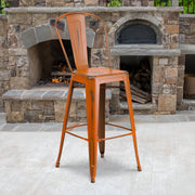 Cindy Commercial Grade 30" High Distressed Orange Metal Indoor-Outdoor Barstool with Back