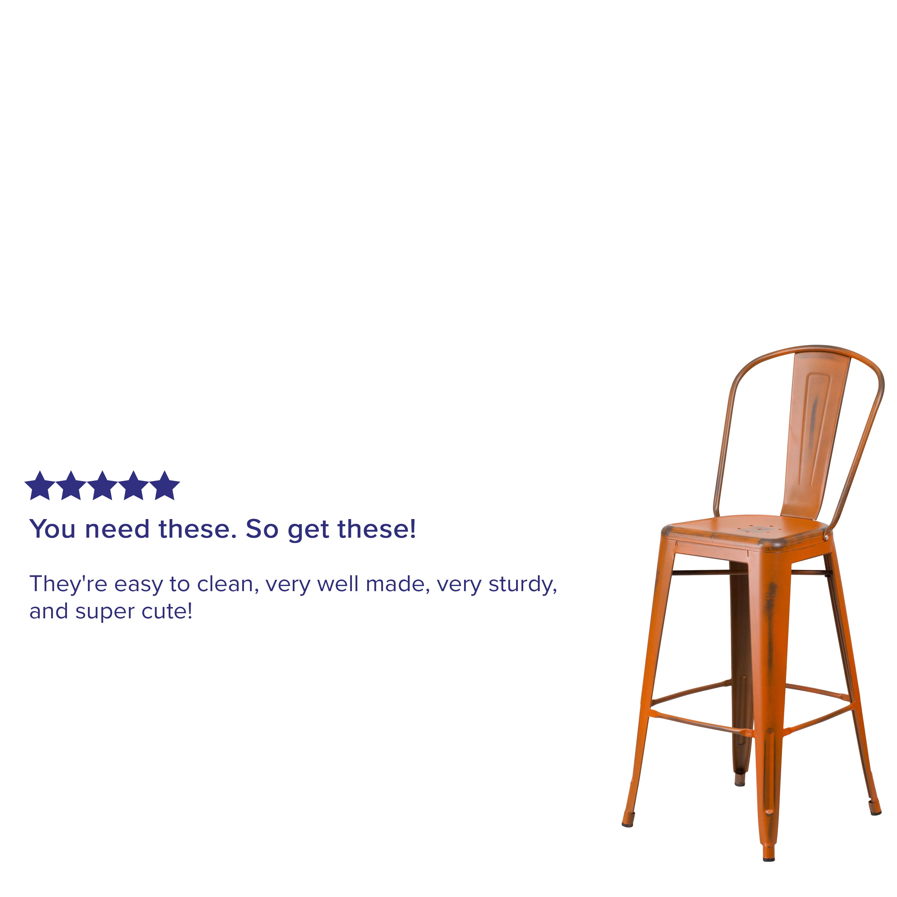 Cindy Commercial Grade 30" High Distressed Orange Metal Indoor-Outdoor Barstool with Back
