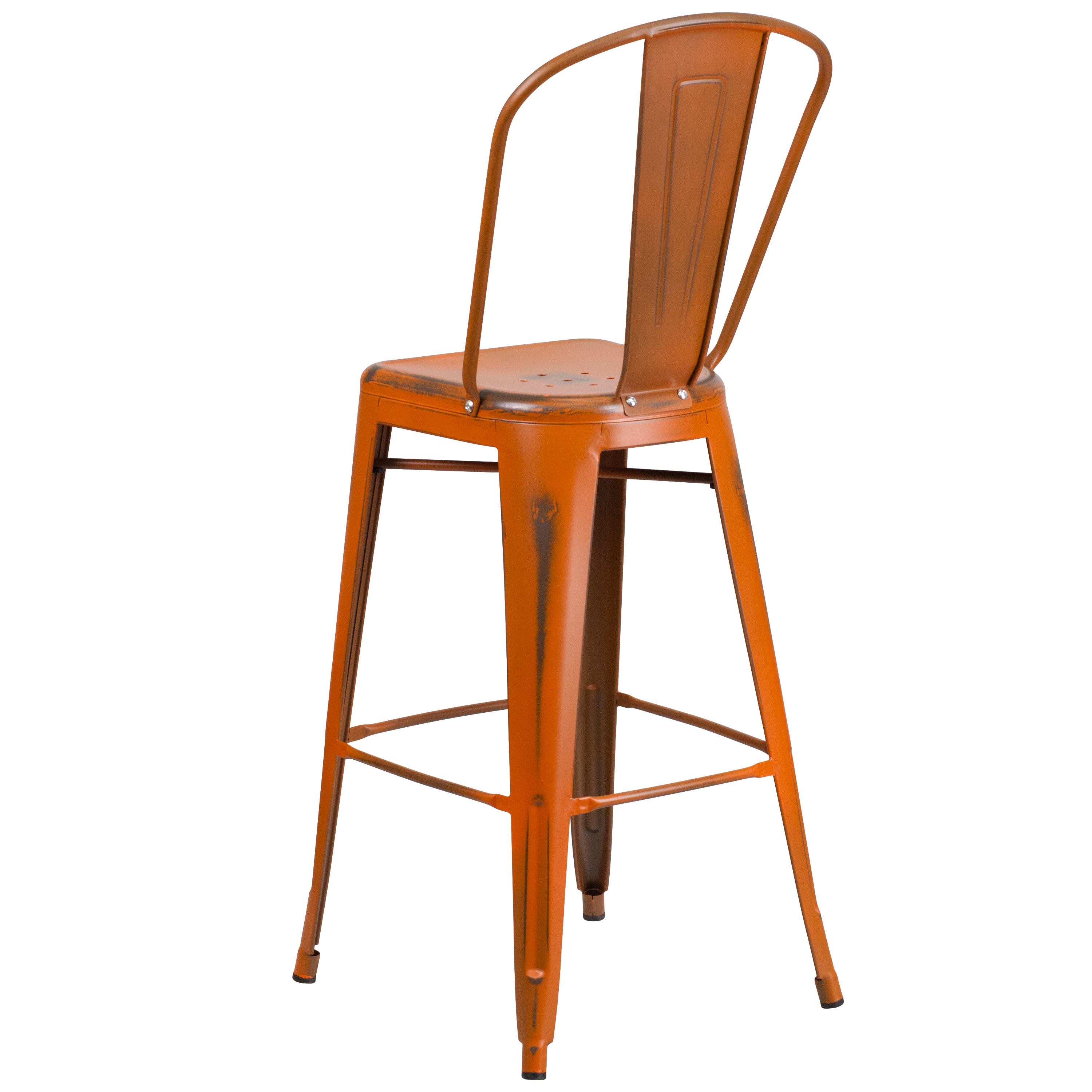 Cindy Commercial Grade 30" High Distressed Orange Metal Indoor-Outdoor Barstool with Back