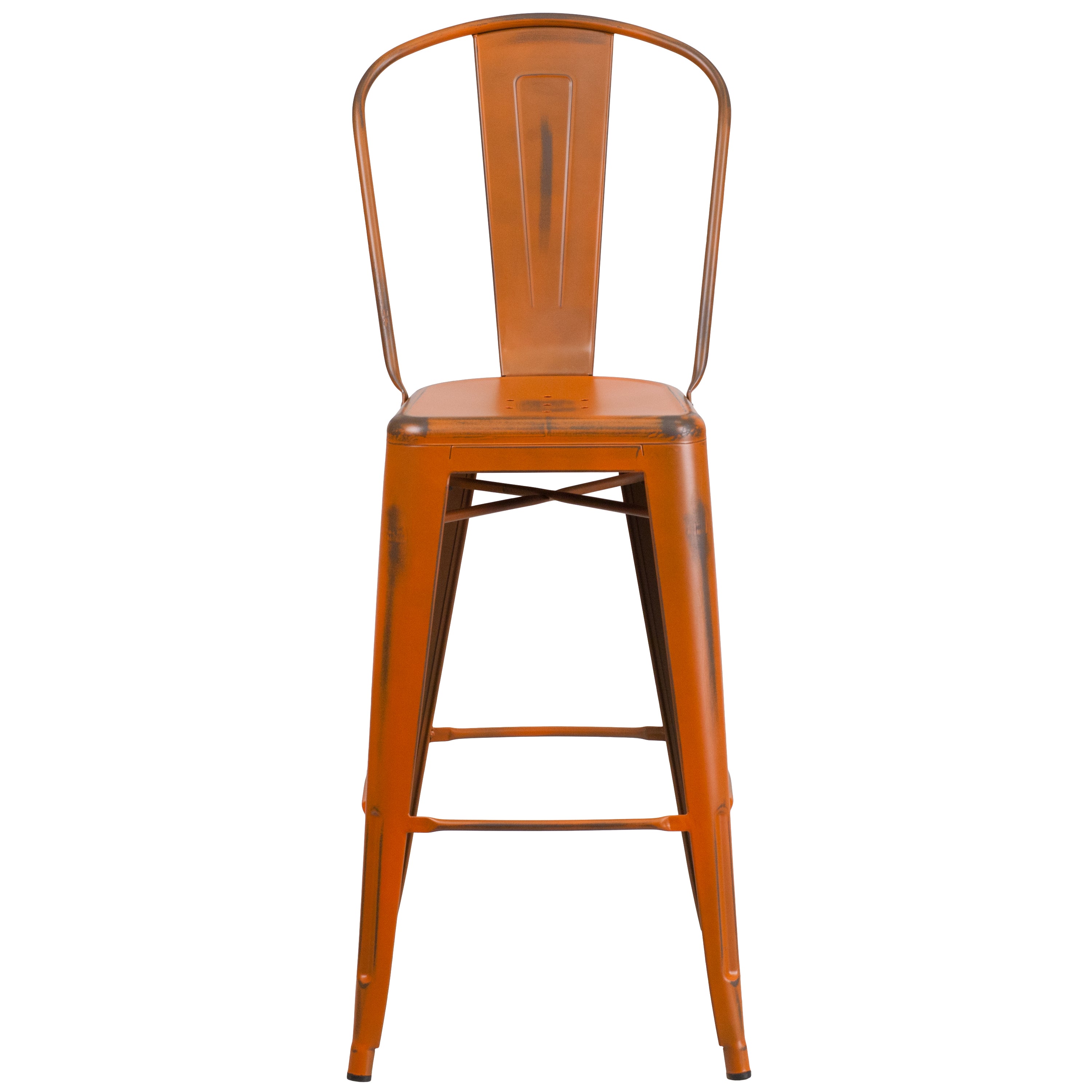 Cindy Commercial Grade 30" High Distressed Orange Metal Indoor-Outdoor Barstool with Back