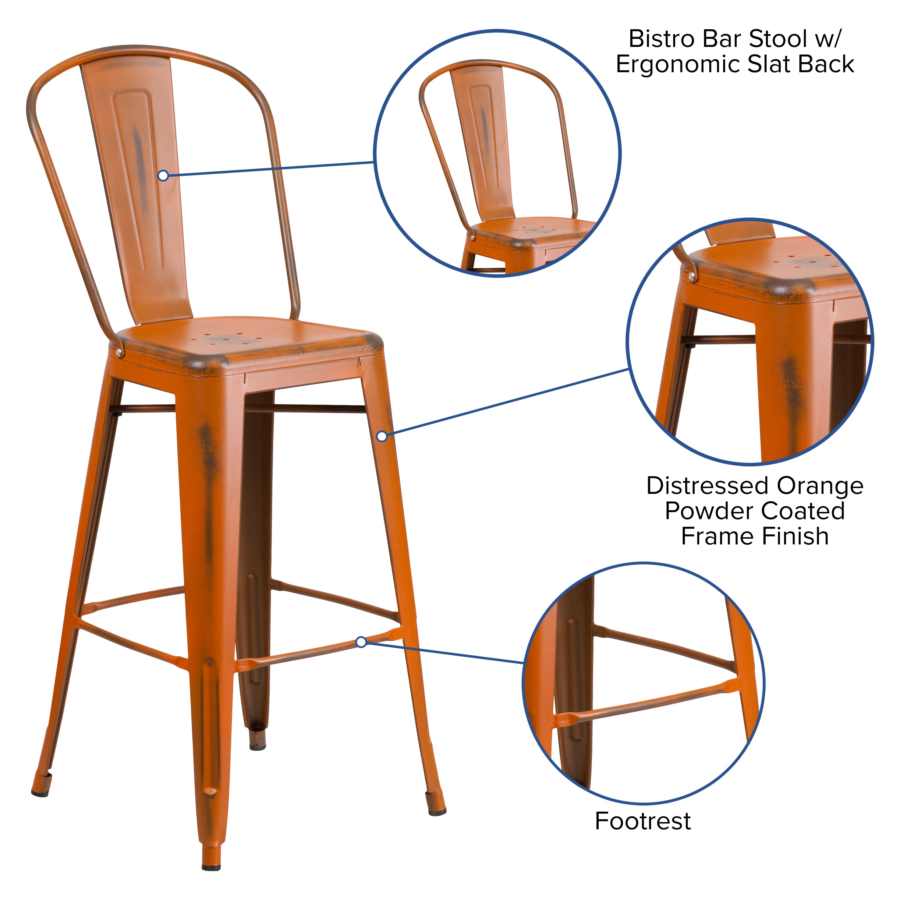 Cindy Commercial Grade 30" High Distressed Orange Metal Indoor-Outdoor Barstool with Back