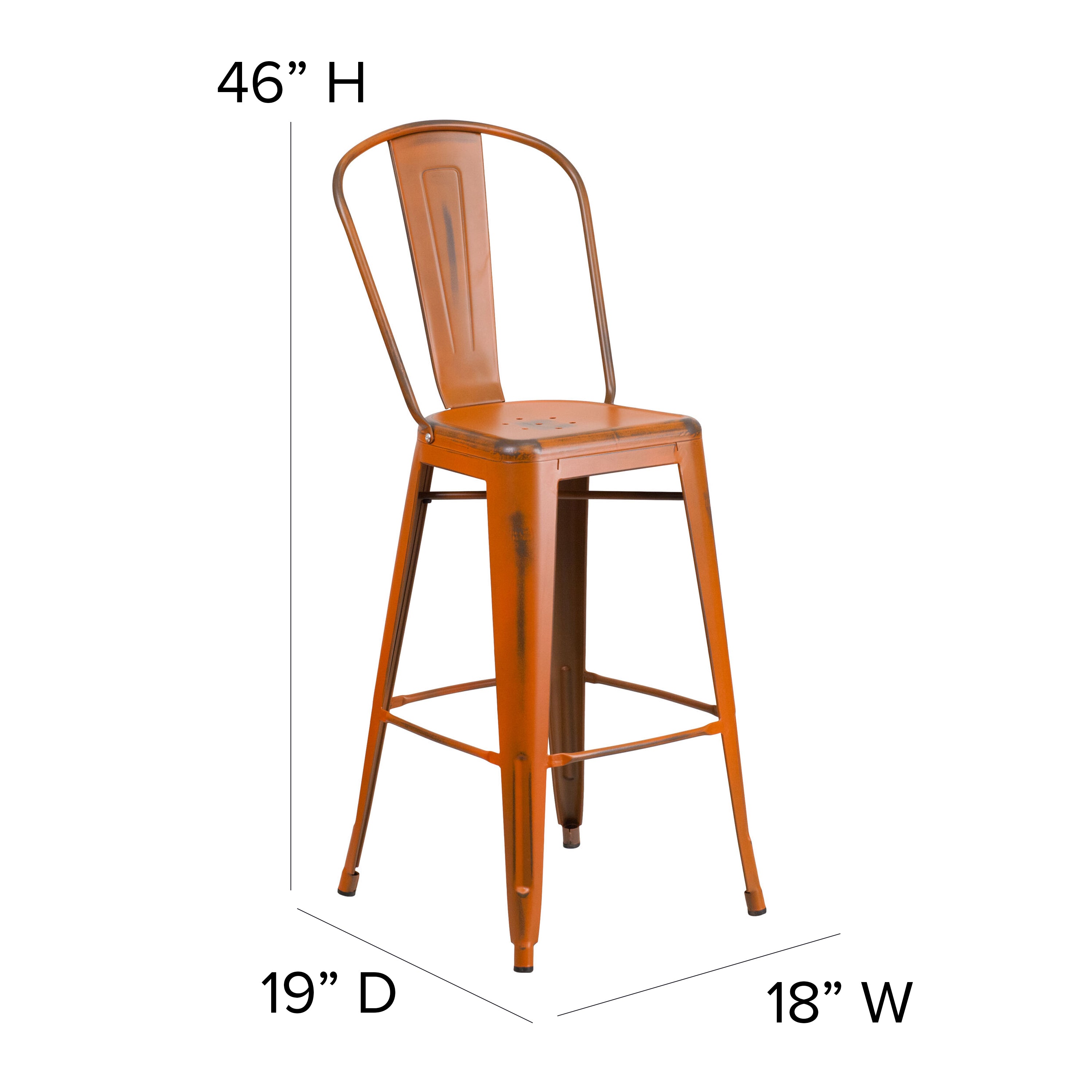 Carly Commercial Grade 30" High Orange Metal Indoor-Outdoor Barstool with Back with Teak Poly Resin Wood Seat