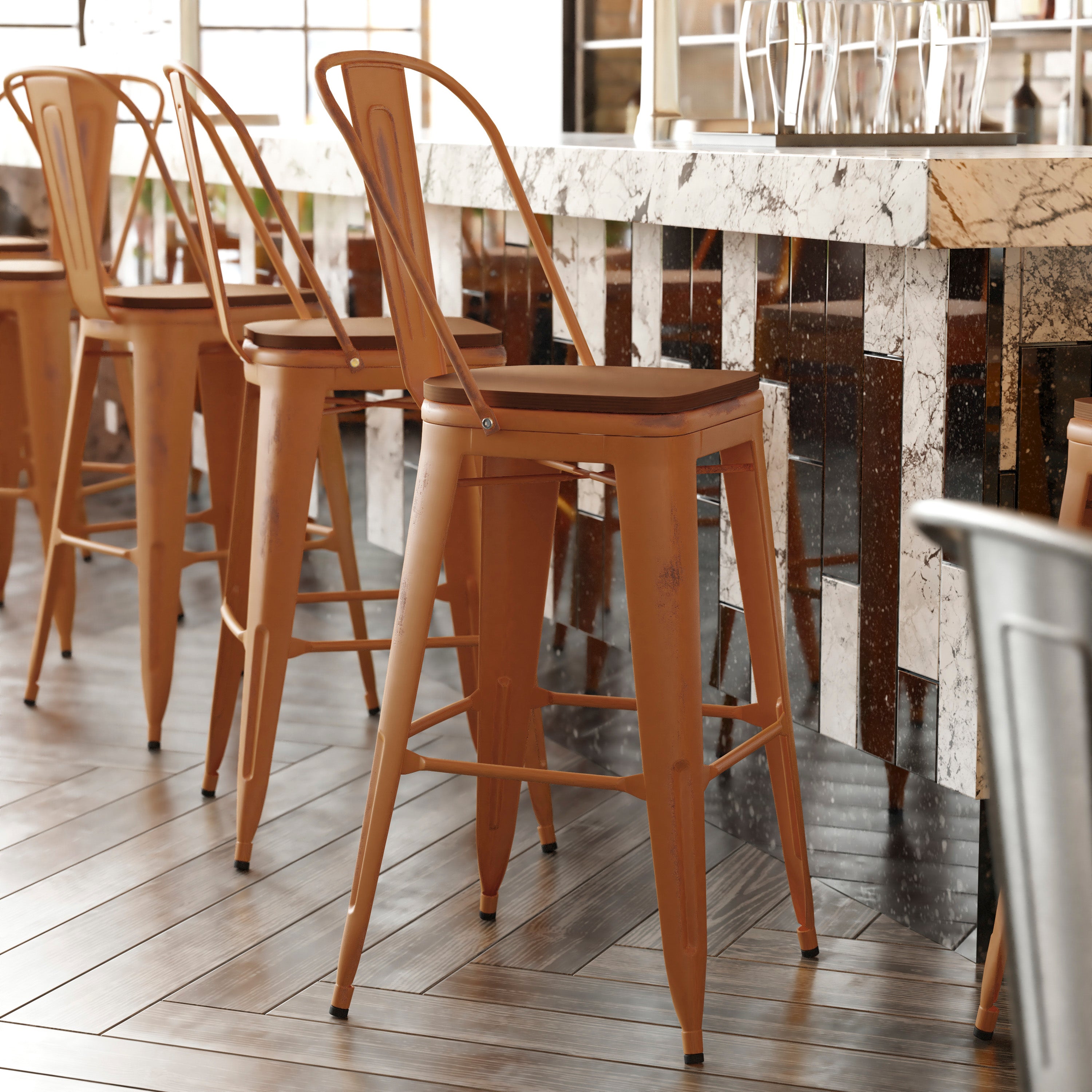 Carly Commercial Grade 30" High Orange Metal Indoor-Outdoor Barstool with Back with Teak Poly Resin Wood Seat