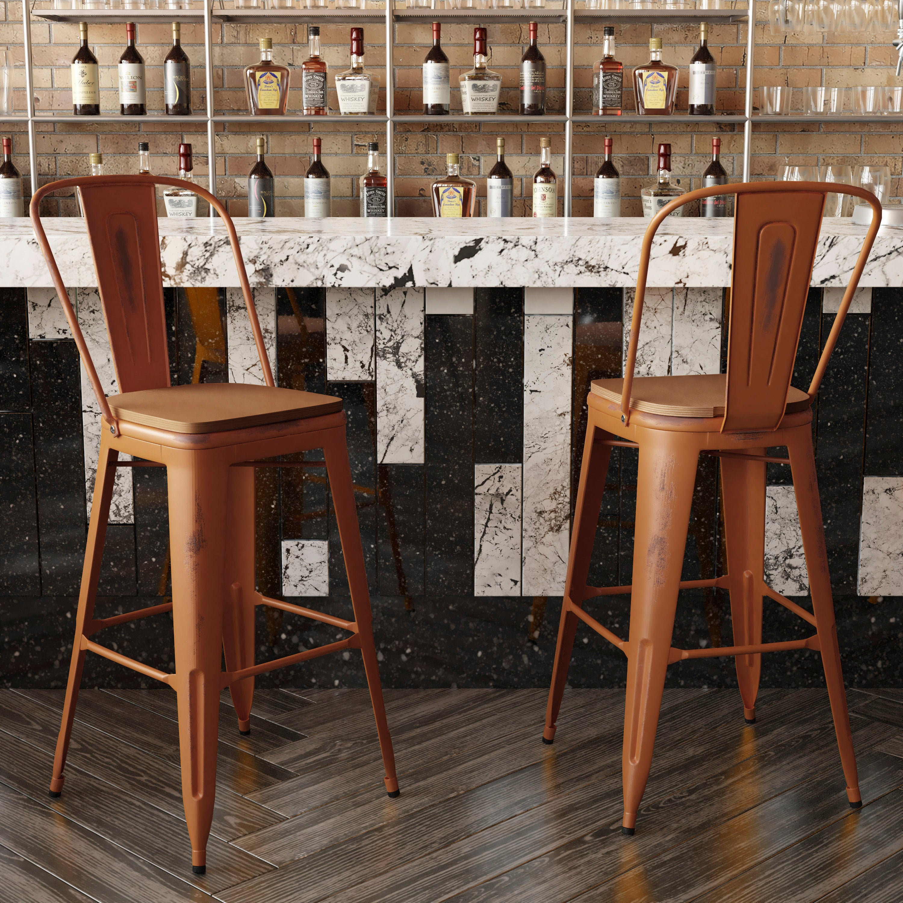 Carly Commercial Grade 30" High Orange Metal Indoor-Outdoor Barstool with Back with Teak Poly Resin Wood Seat