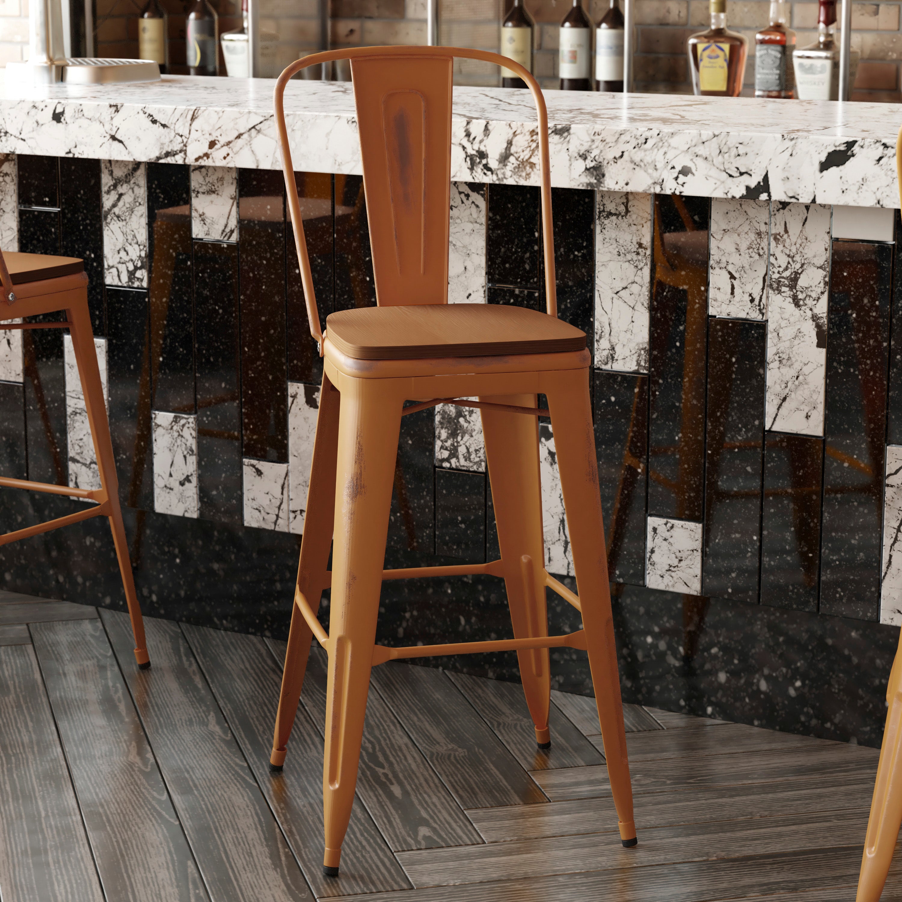 Carly Commercial Grade 30" High Orange Metal Indoor-Outdoor Barstool with Back with Teak Poly Resin Wood Seat