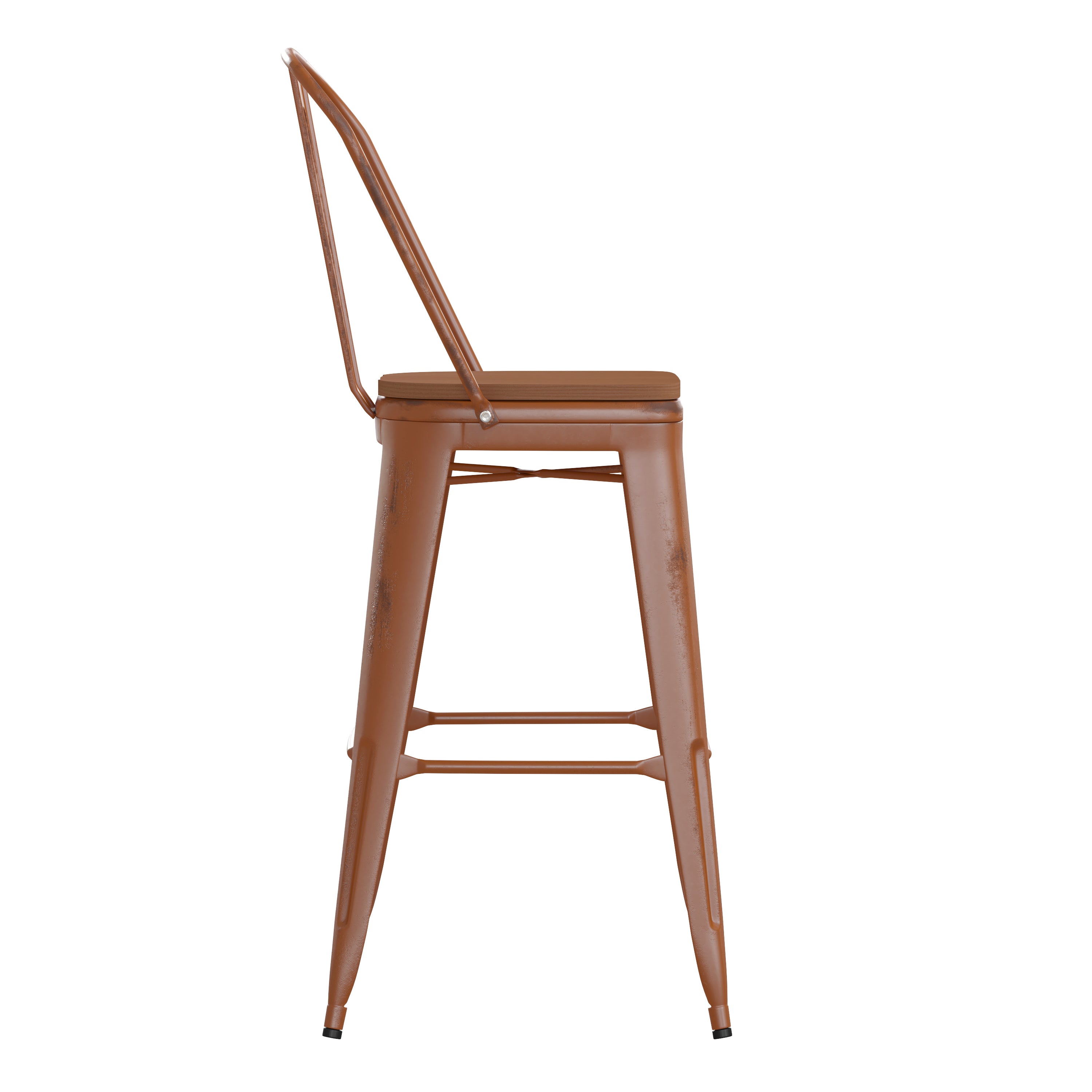 Carly Commercial Grade 30" High Orange Metal Indoor-Outdoor Barstool with Back with Teak Poly Resin Wood Seat
