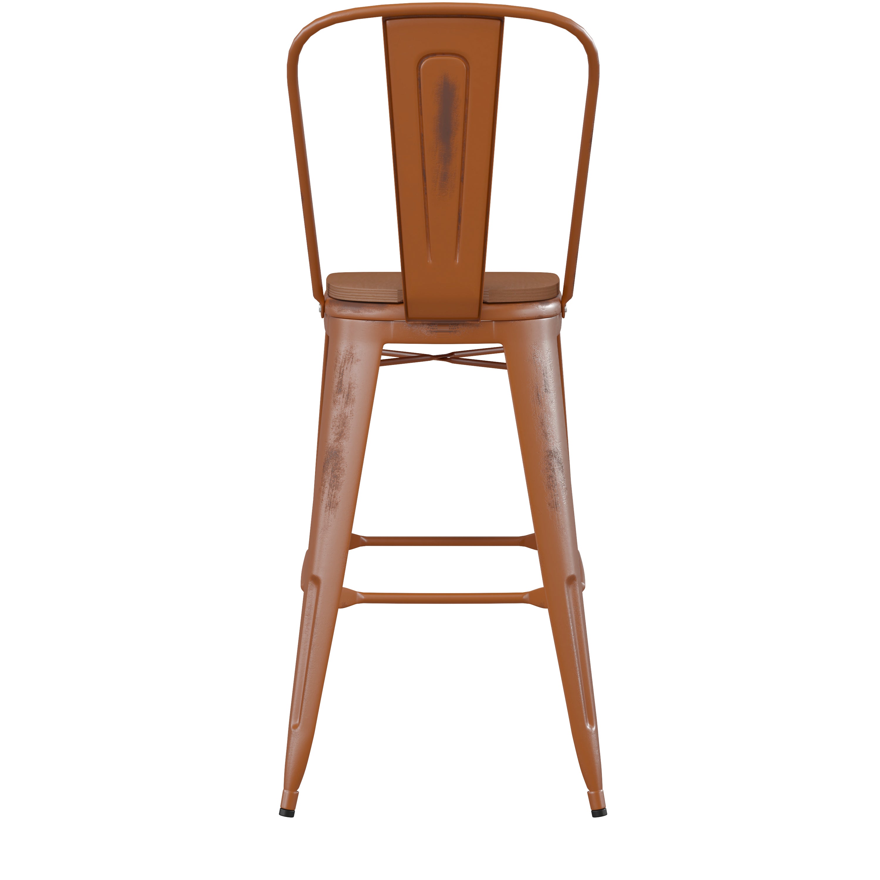 Carly Commercial Grade 30" High Orange Metal Indoor-Outdoor Barstool with Back with Teak Poly Resin Wood Seat
