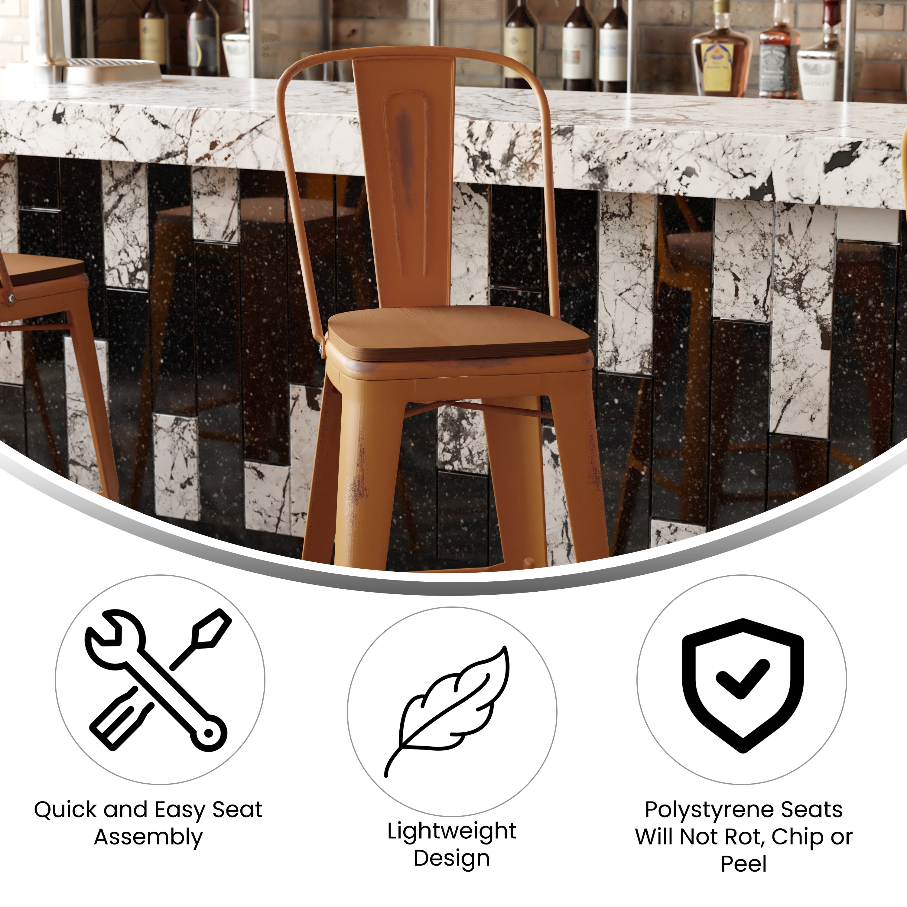 Carly Commercial Grade 30" High Orange Metal Indoor-Outdoor Barstool with Back with Teak Poly Resin Wood Seat