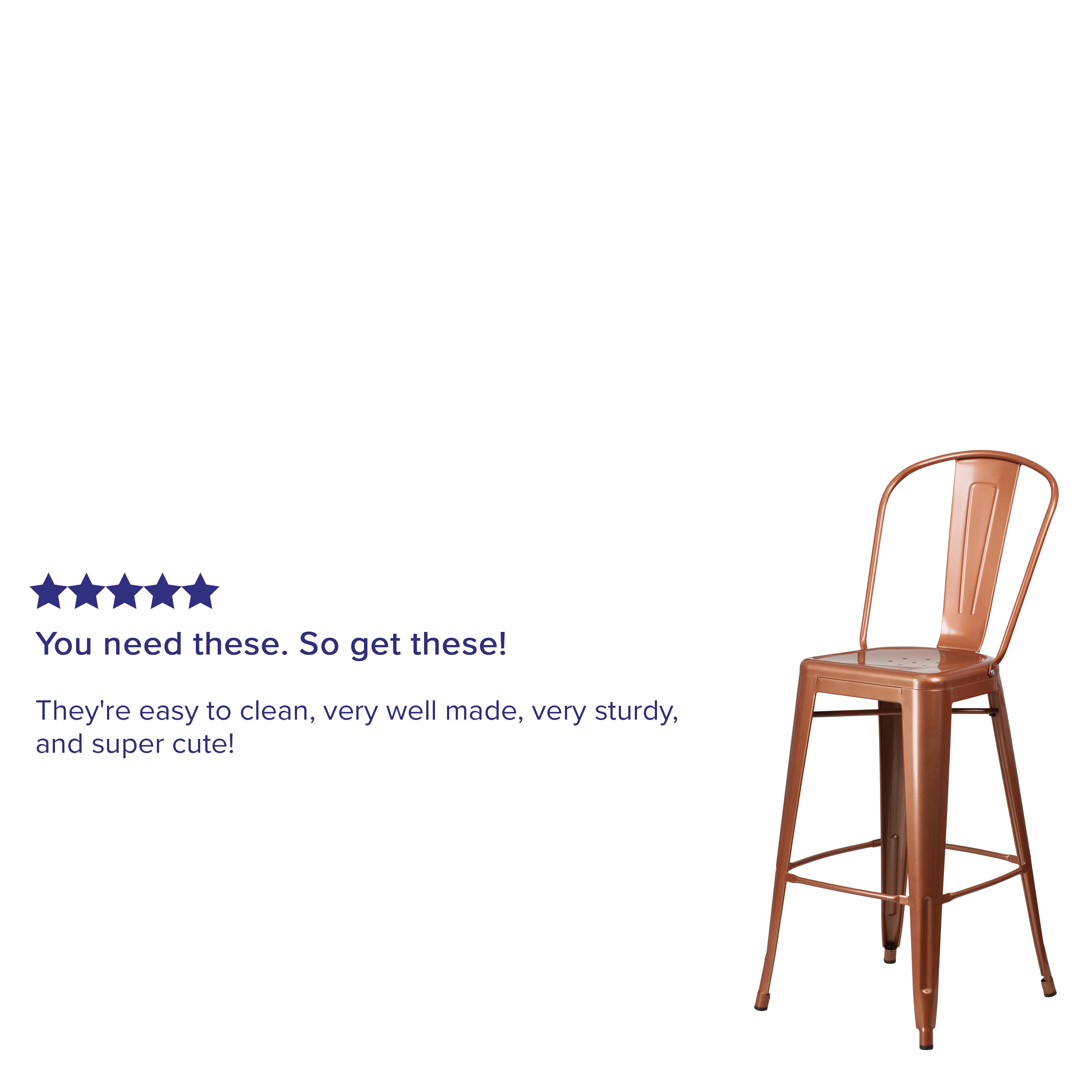 Cindy Commercial Grade 30" High Copper Metal Indoor-Outdoor Barstool with Back