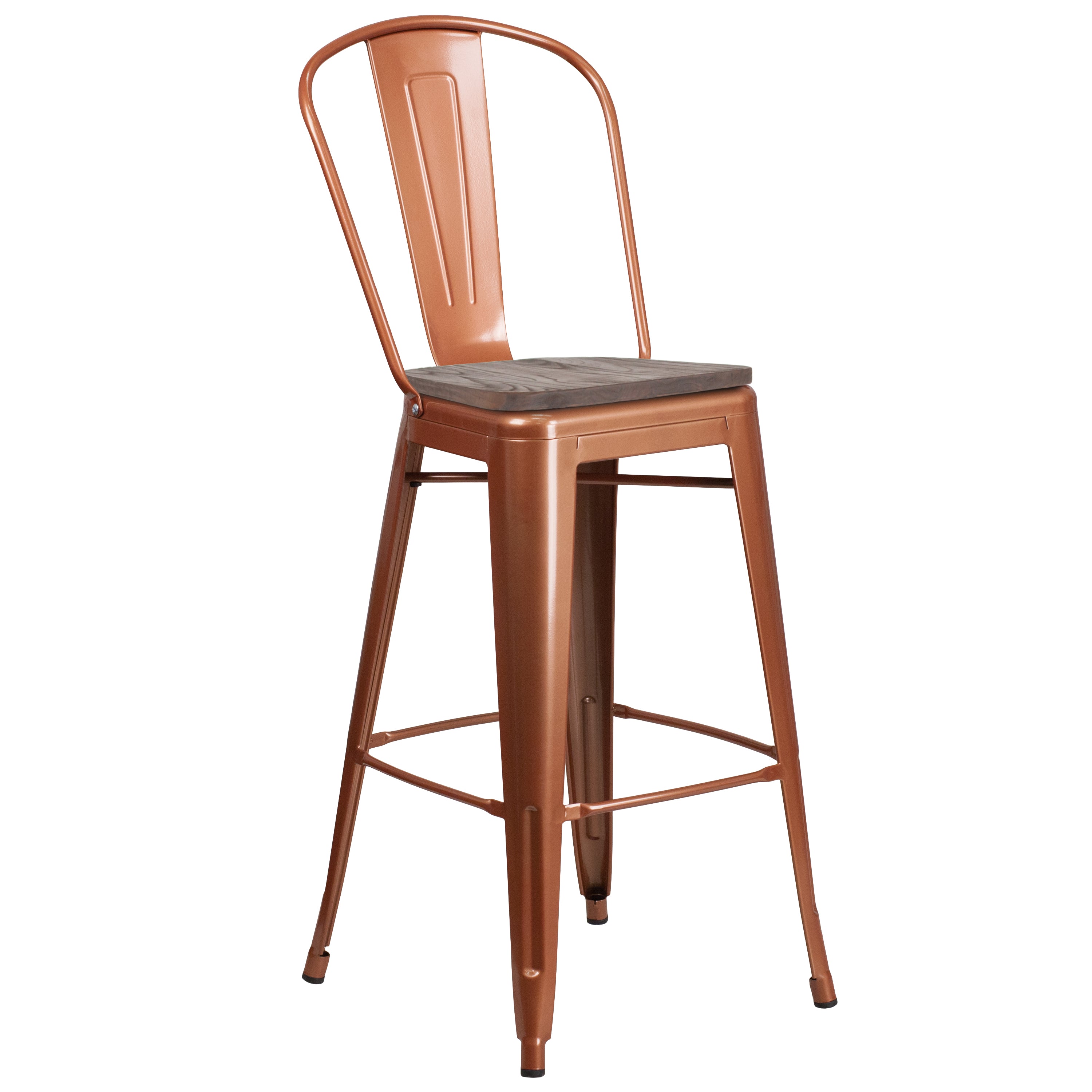 Cindy 30" High Copper Metal Barstool with Back and Wood Seat