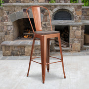 Cindy 30" High Copper Metal Barstool with Back and Wood Seat