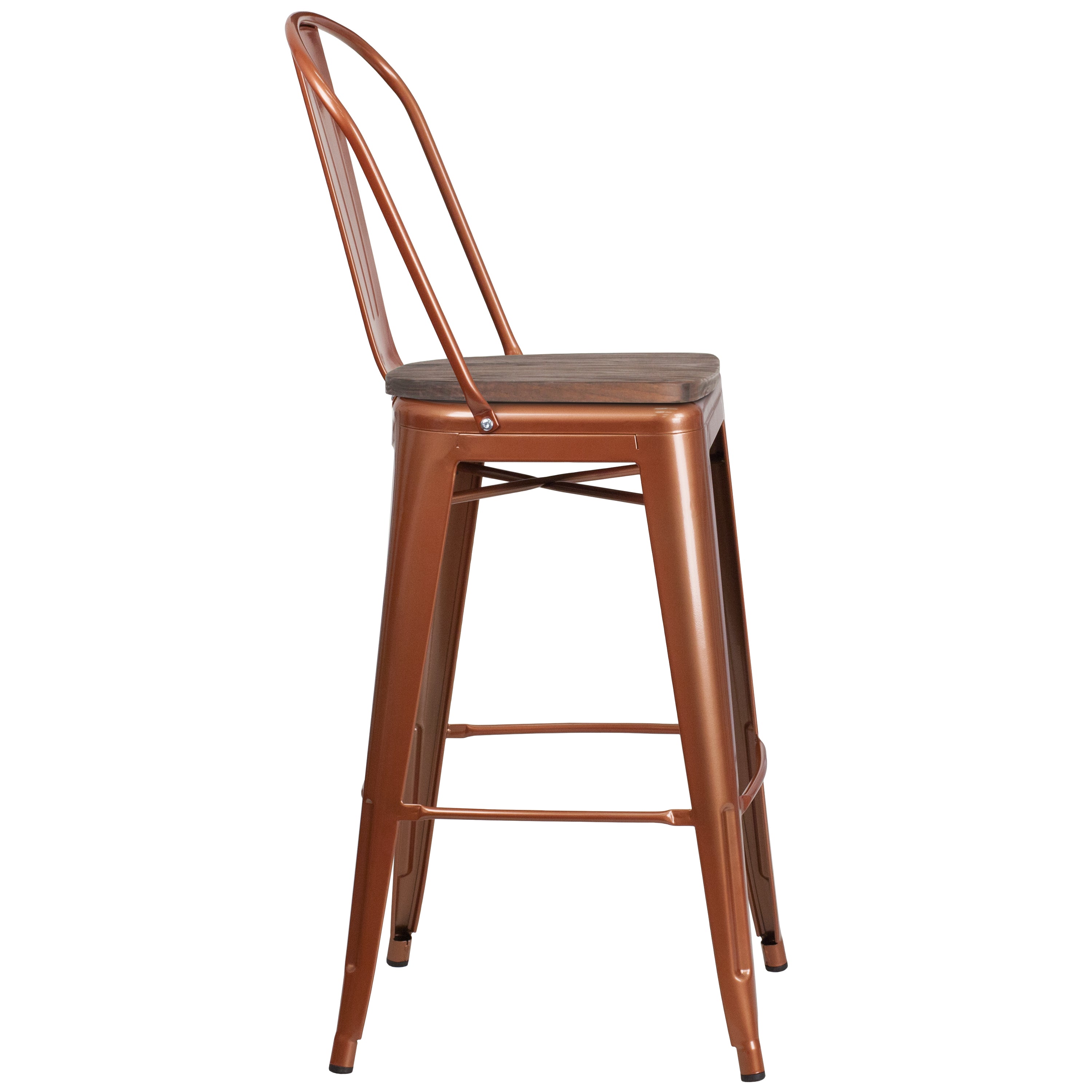 Cindy 30" High Copper Metal Barstool with Back and Wood Seat