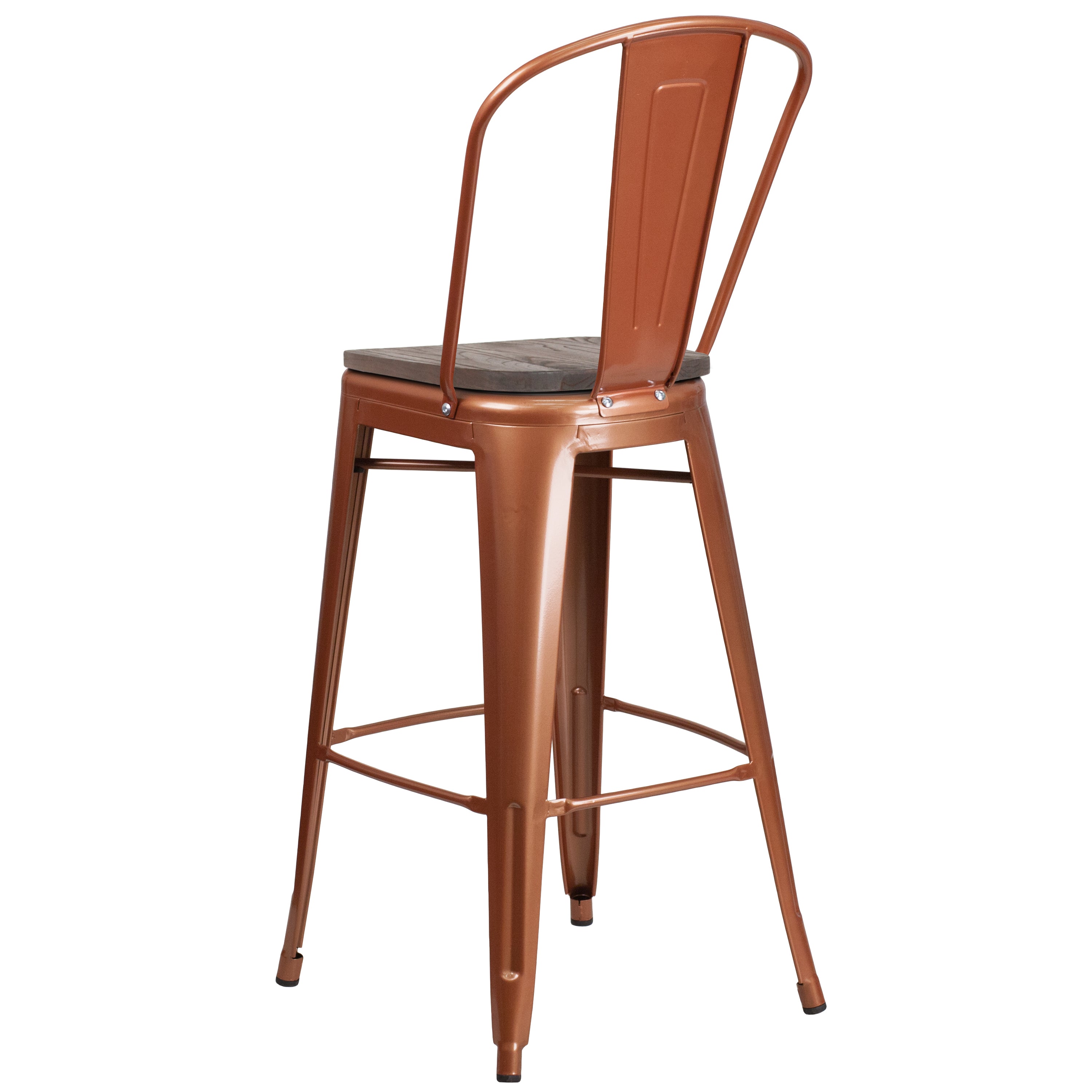 Cindy 30" High Copper Metal Barstool with Back and Wood Seat