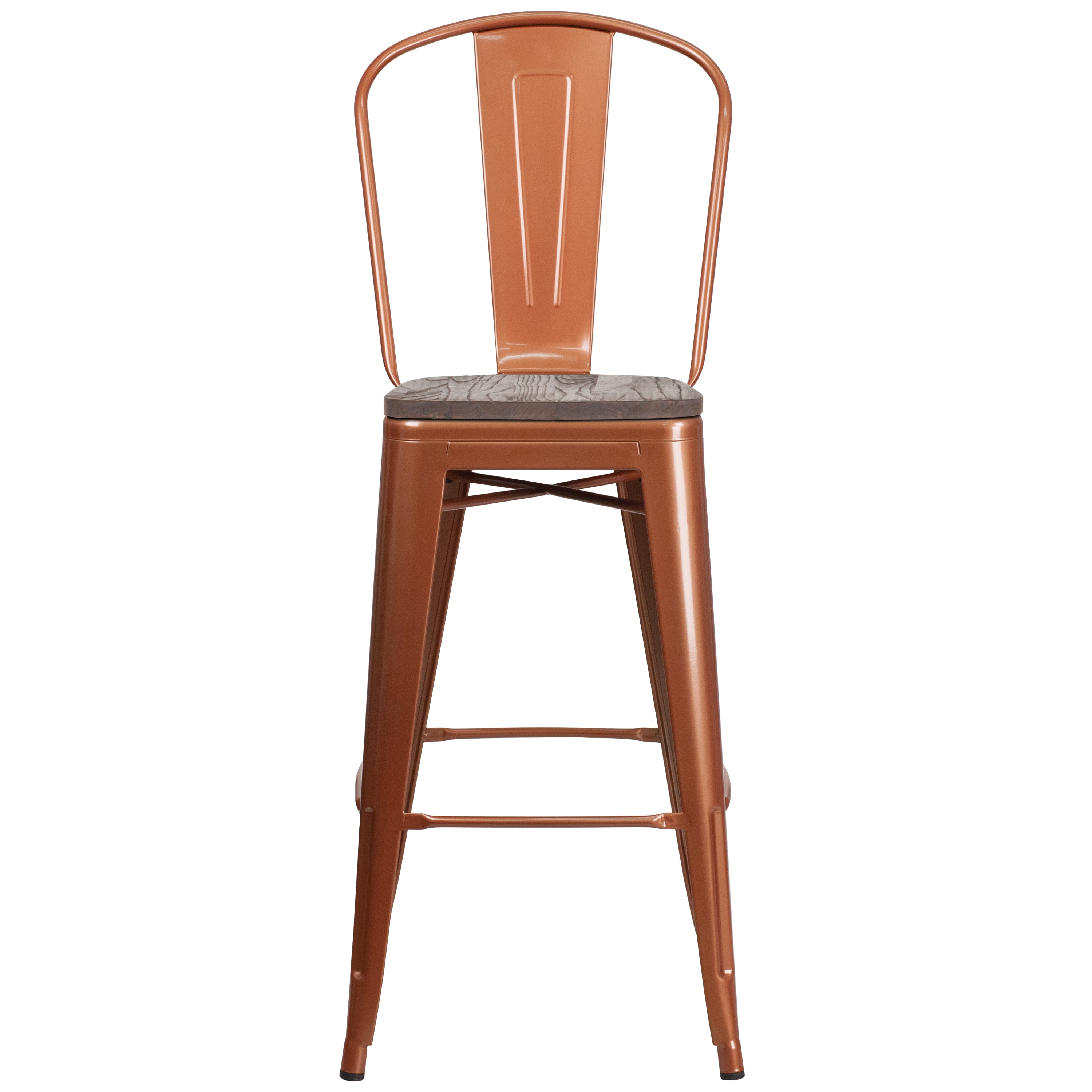Cindy 30" High Copper Metal Barstool with Back and Wood Seat