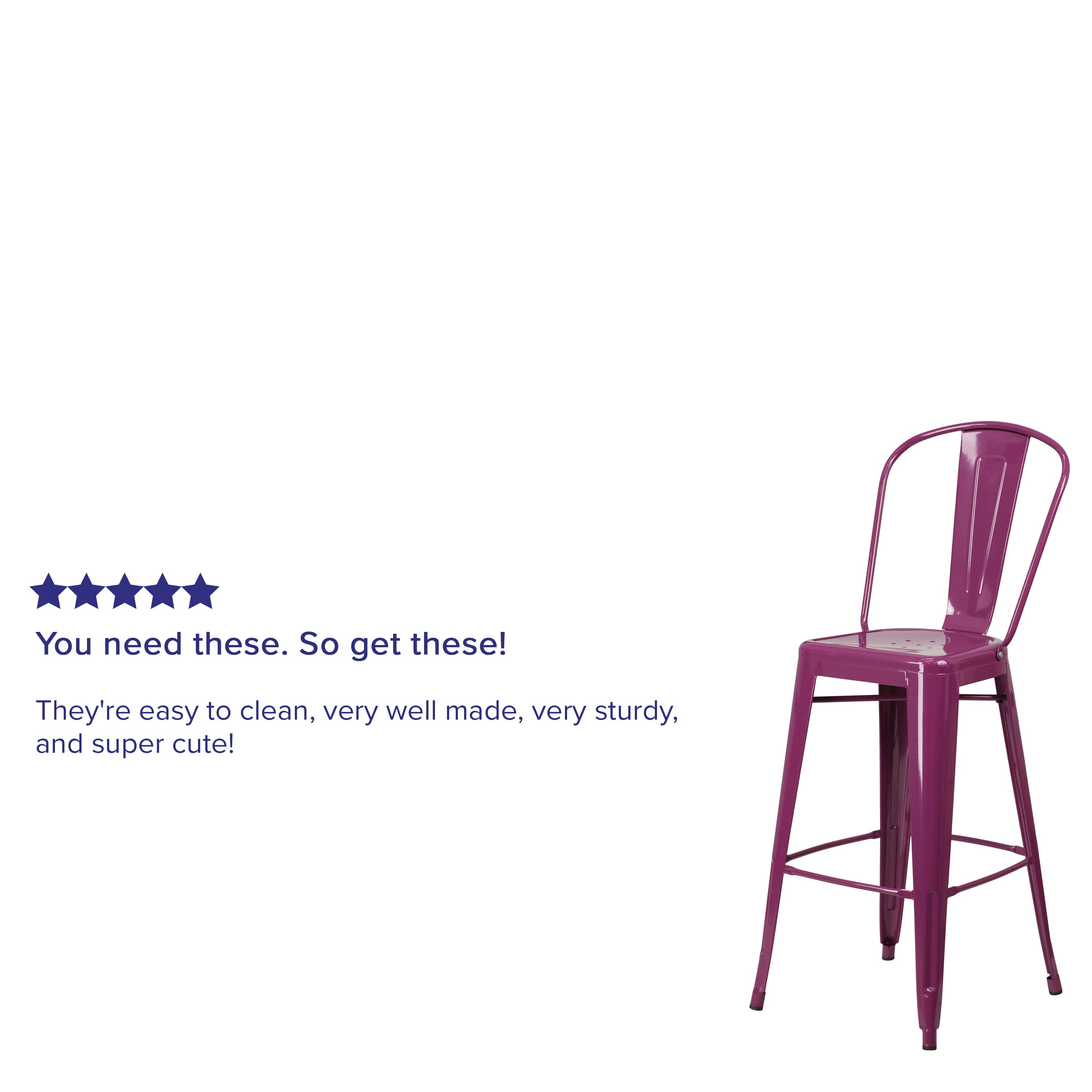 Cindy Commercial Grade 30" High Purple Metal Indoor-Outdoor Barstool with Back