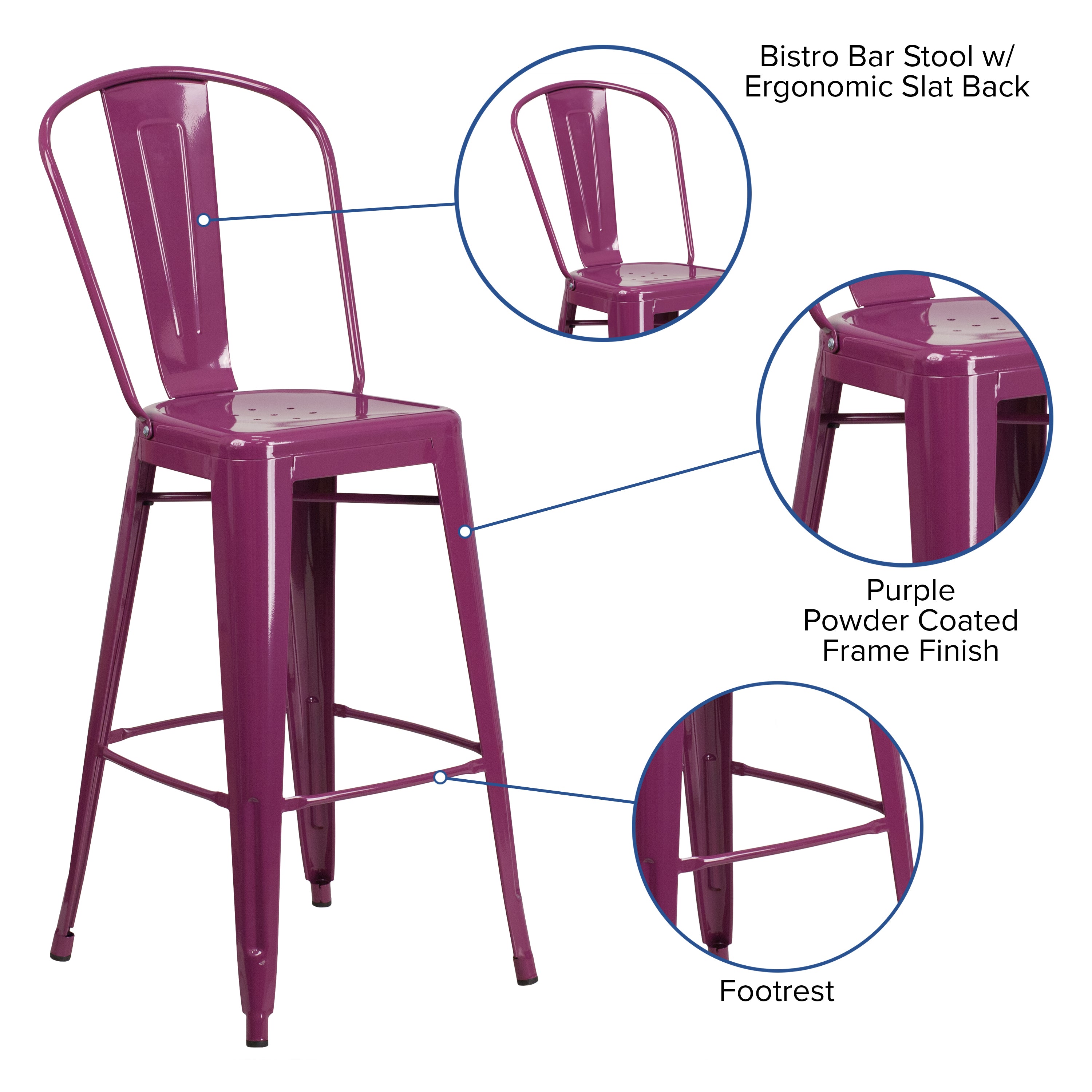Cindy Commercial Grade 30" High Purple Metal Indoor-Outdoor Barstool with Back