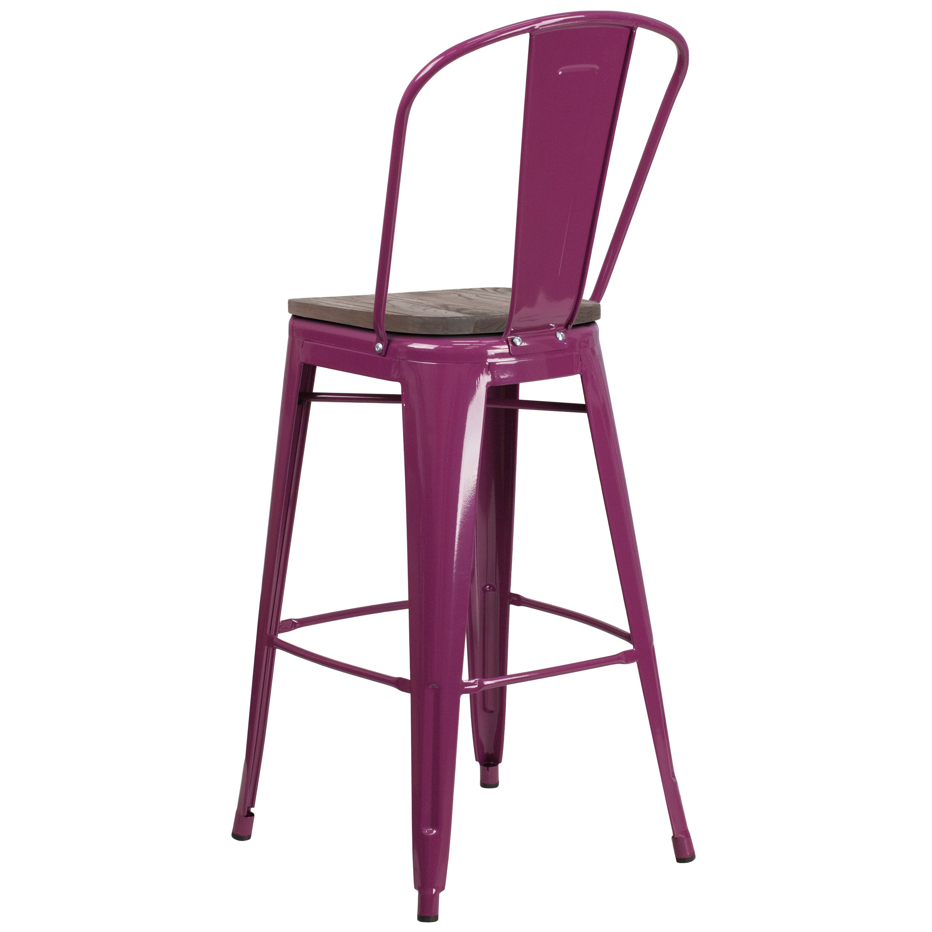 Cindy 30" High Purple Metal Barstool with Back and Wood Seat